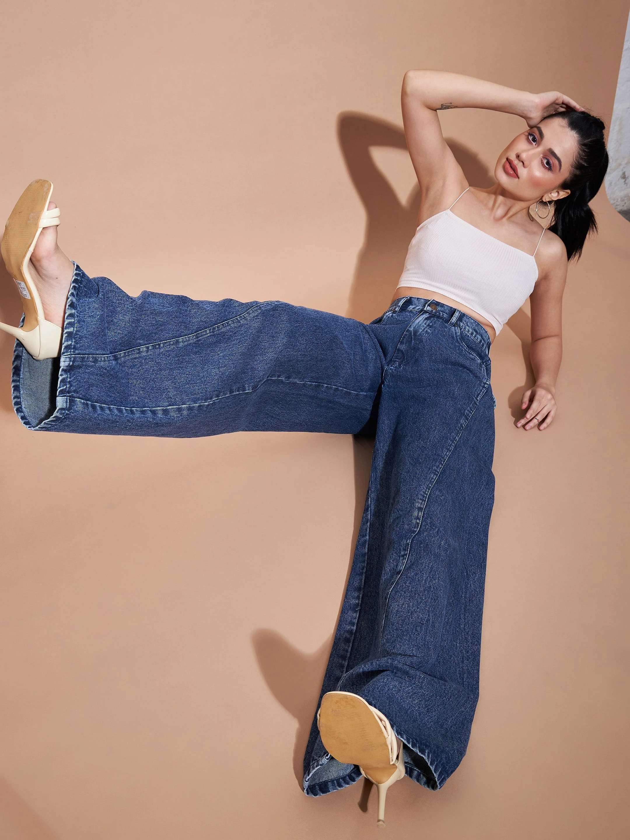 Women Blue Seam Detail Wide Leg Jeans - Image 5