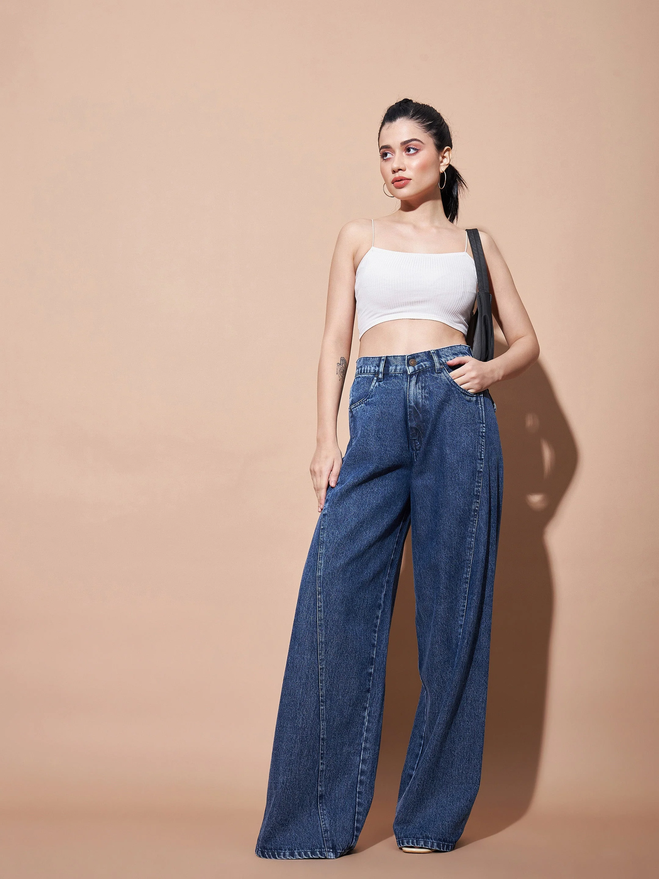 Women Blue Seam Detail Wide Leg Jeans - Image 6