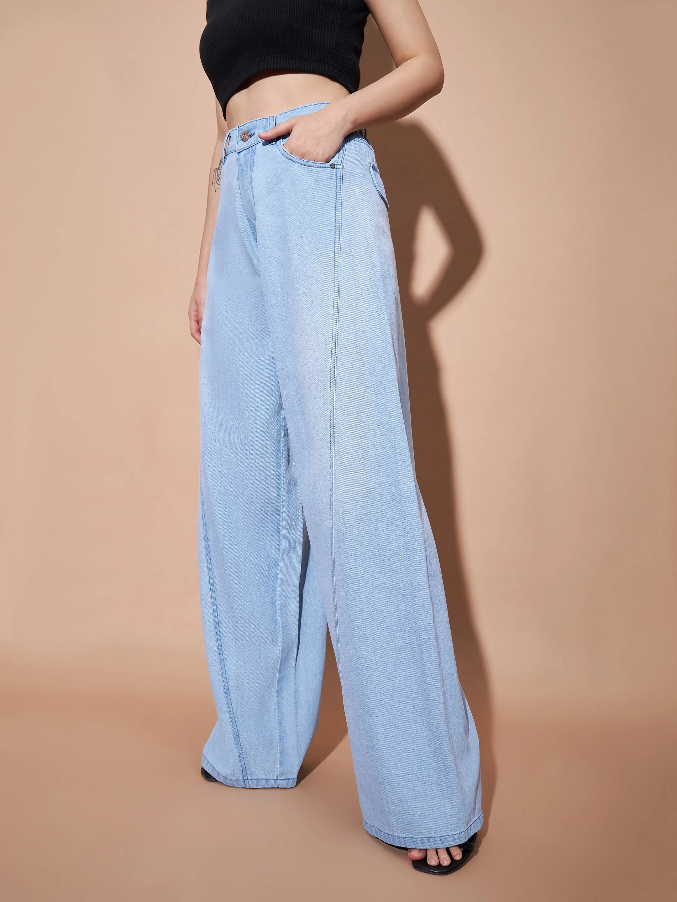 Women Blue Seam Detail Wide Leg Jeans - Image 4