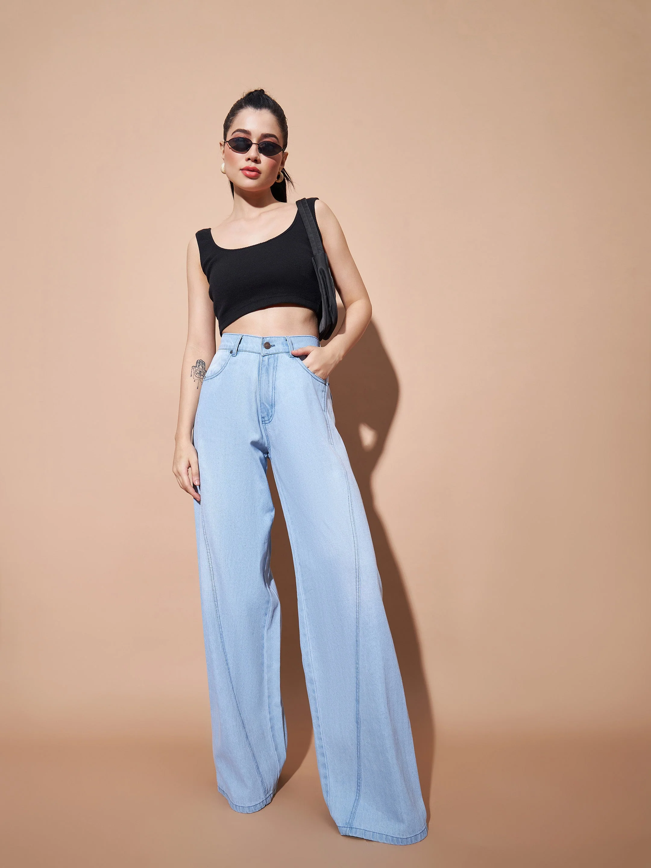 Women Blue Seam Detail Wide Leg Jeans - Image 6