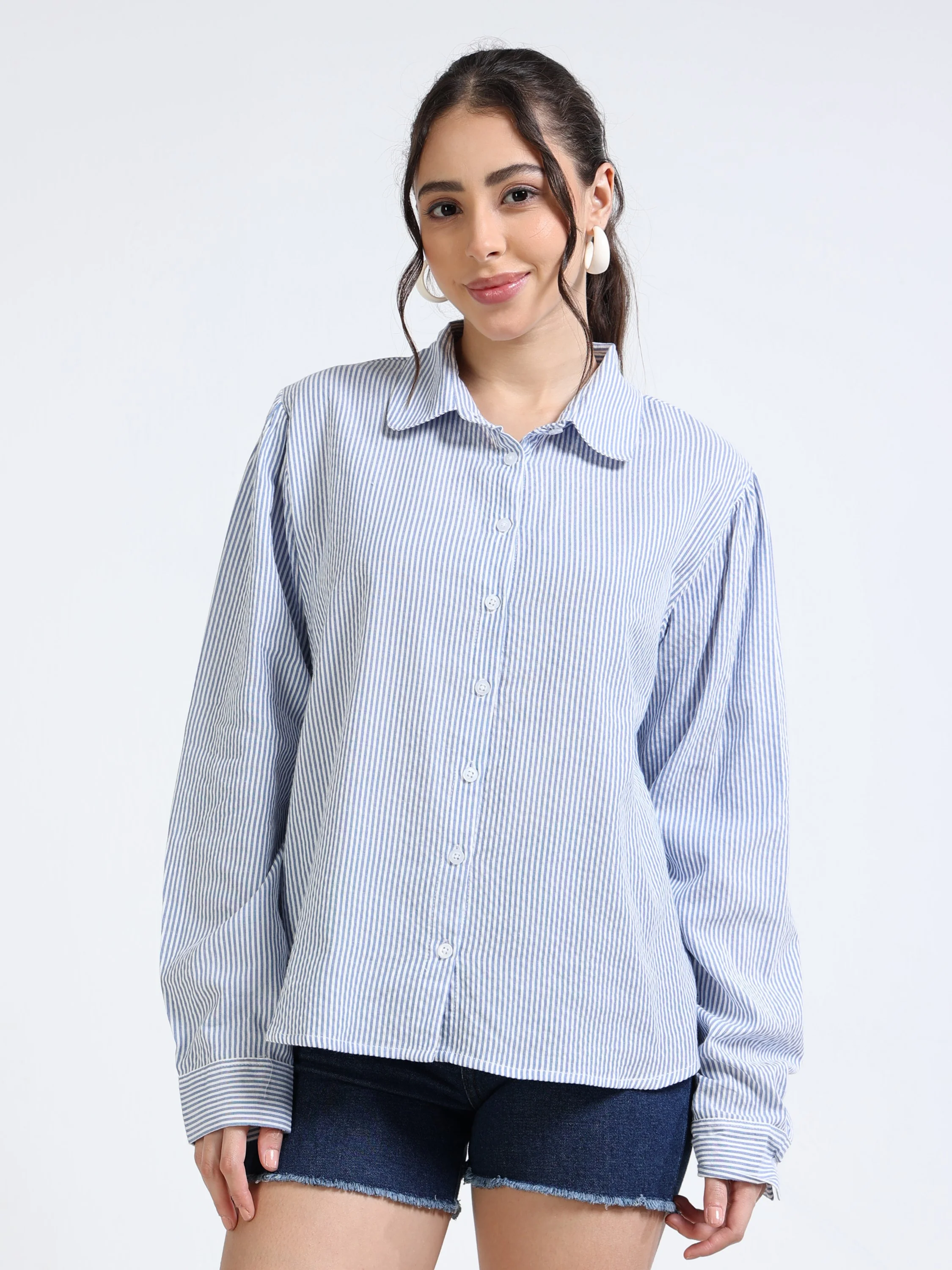 Women Blue Seersucker Shirt - Image 2