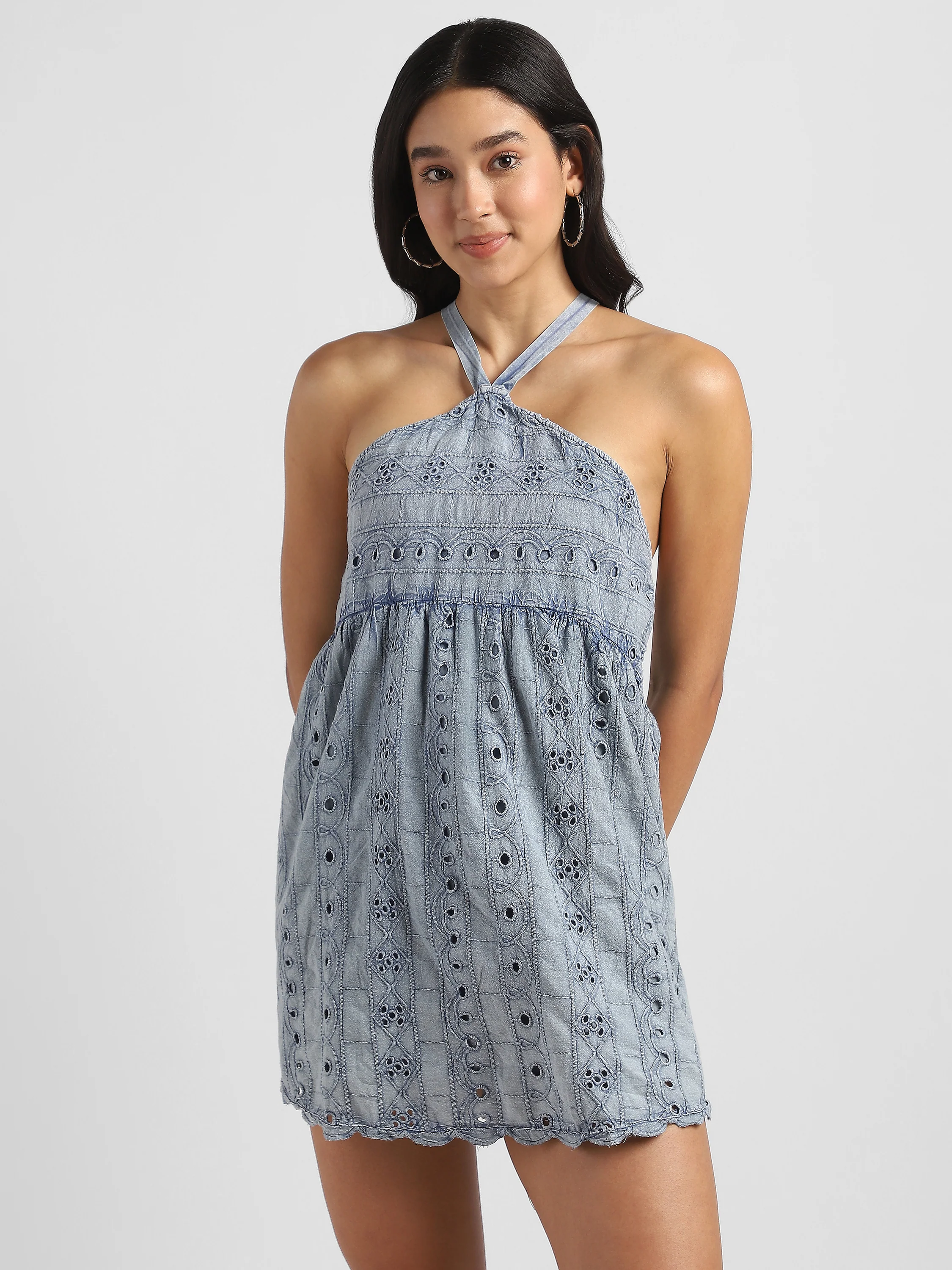 Women Blue Shiffli Halter Neck Backless Dress - Image 5