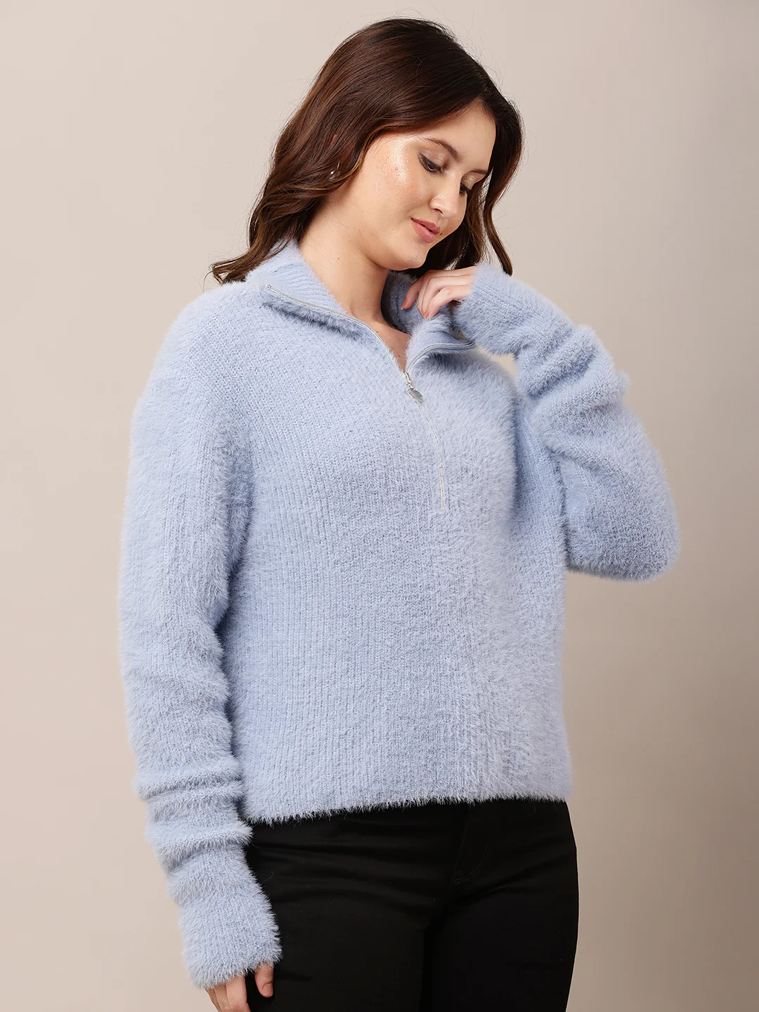 Women Blue Shirt Collar Full Sleeve Sweater - Image 2