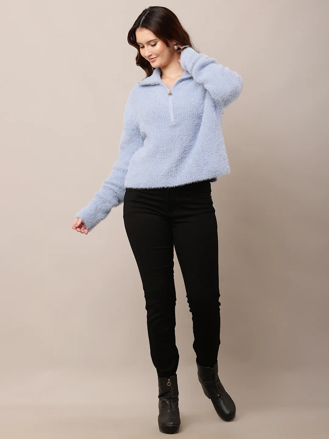 Women Blue Shirt Collar Full Sleeve Sweater - Image 3