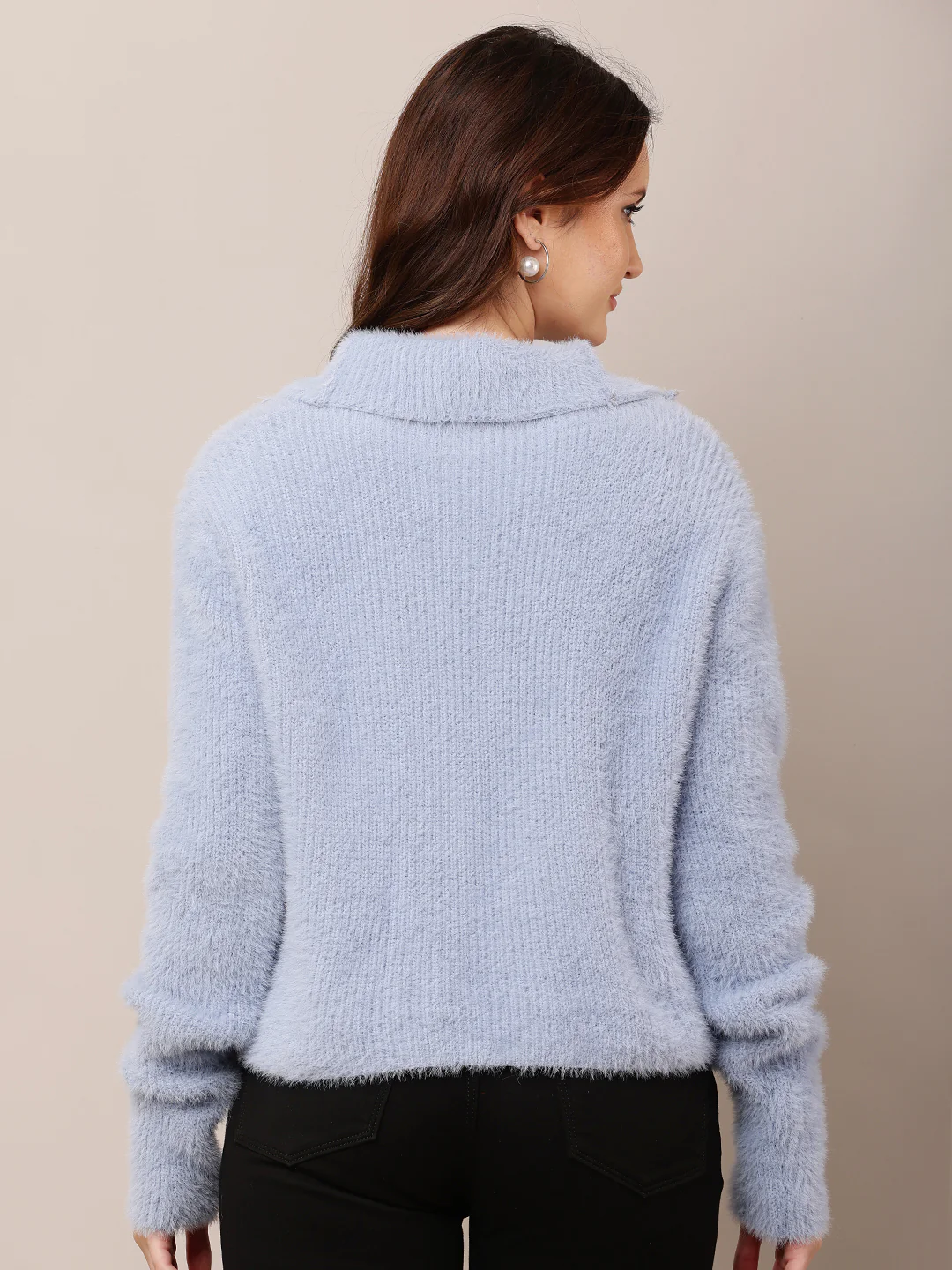 Women Blue Shirt Collar Full Sleeve Sweater - Image 4