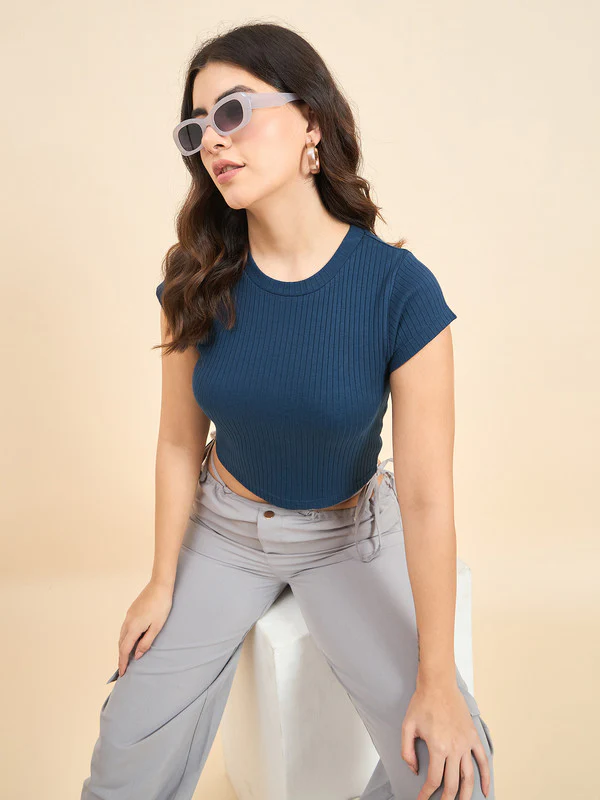 Women Blue Short Sleeve Tank Top - Image 3