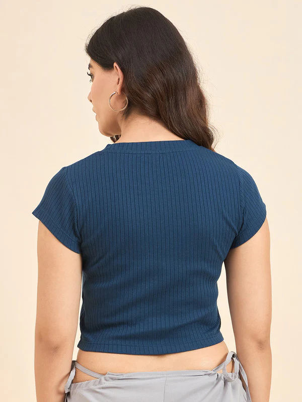 Women Blue Short Sleeve Tank Top - Image 4