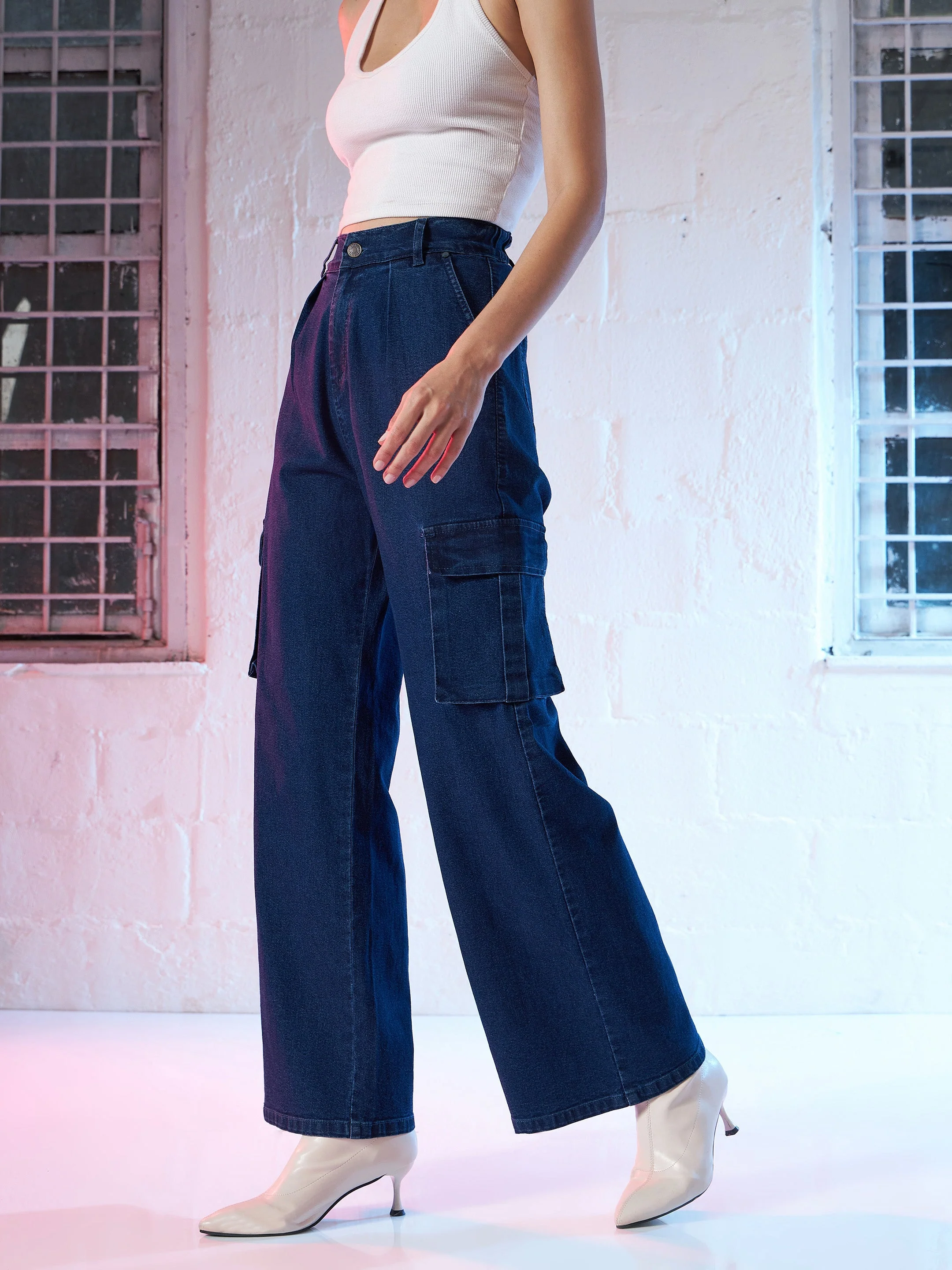Women Blue Side Pocket Cargo Jeans - Image 3