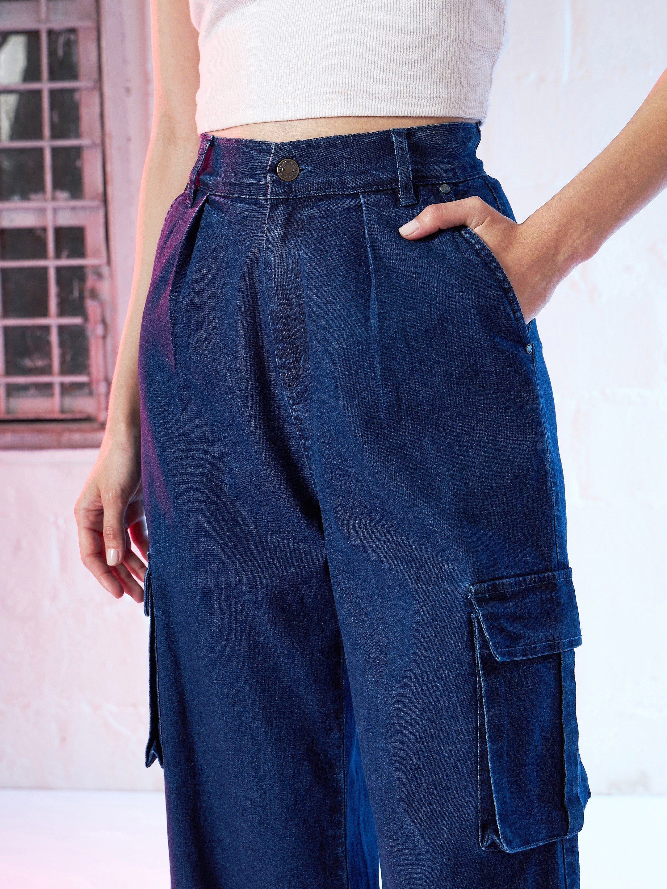 Women Blue Side Pocket Cargo Jeans - Image 4