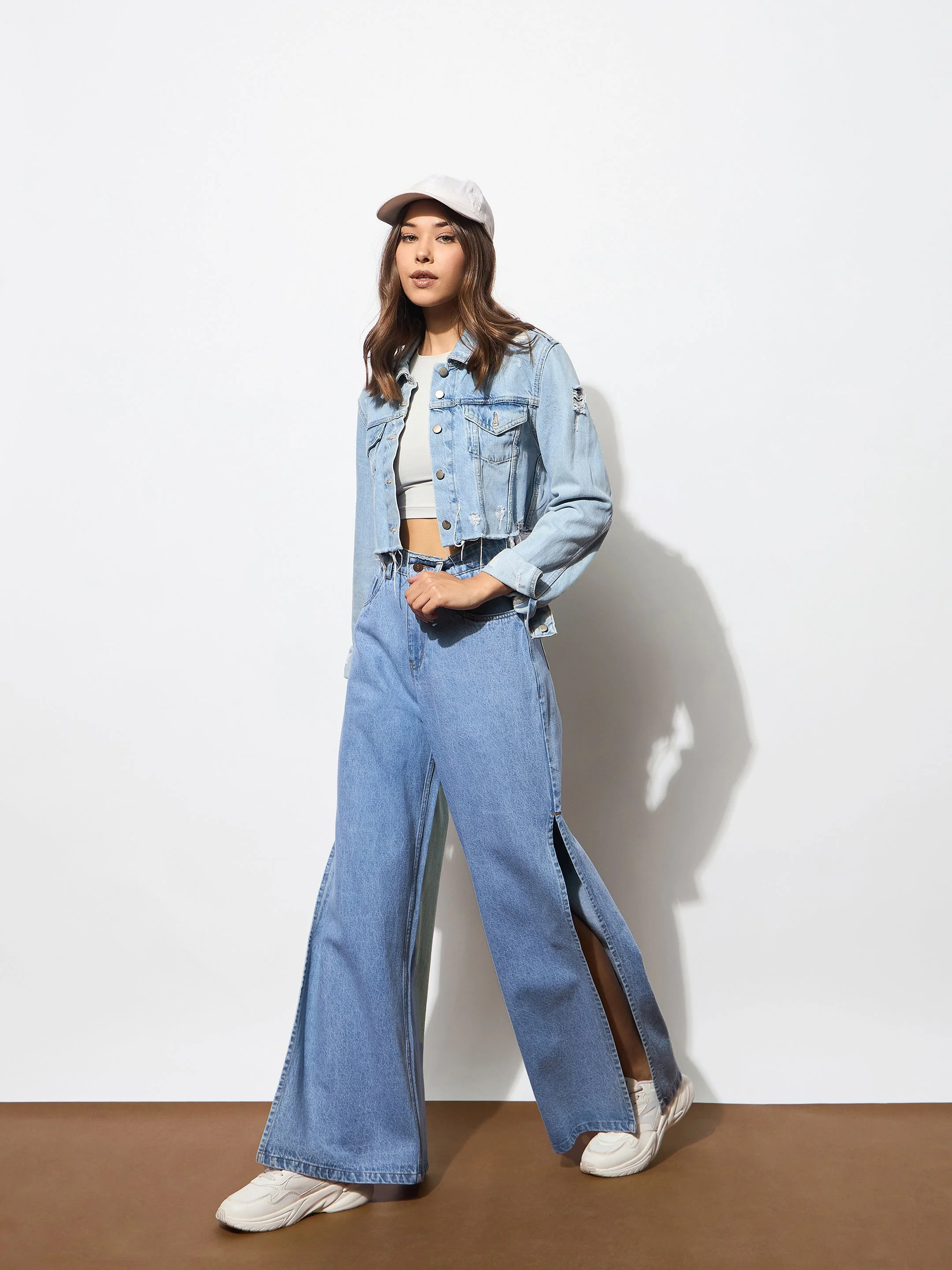 Women Blue Side Slit Wide Leg Jeans - Image 2