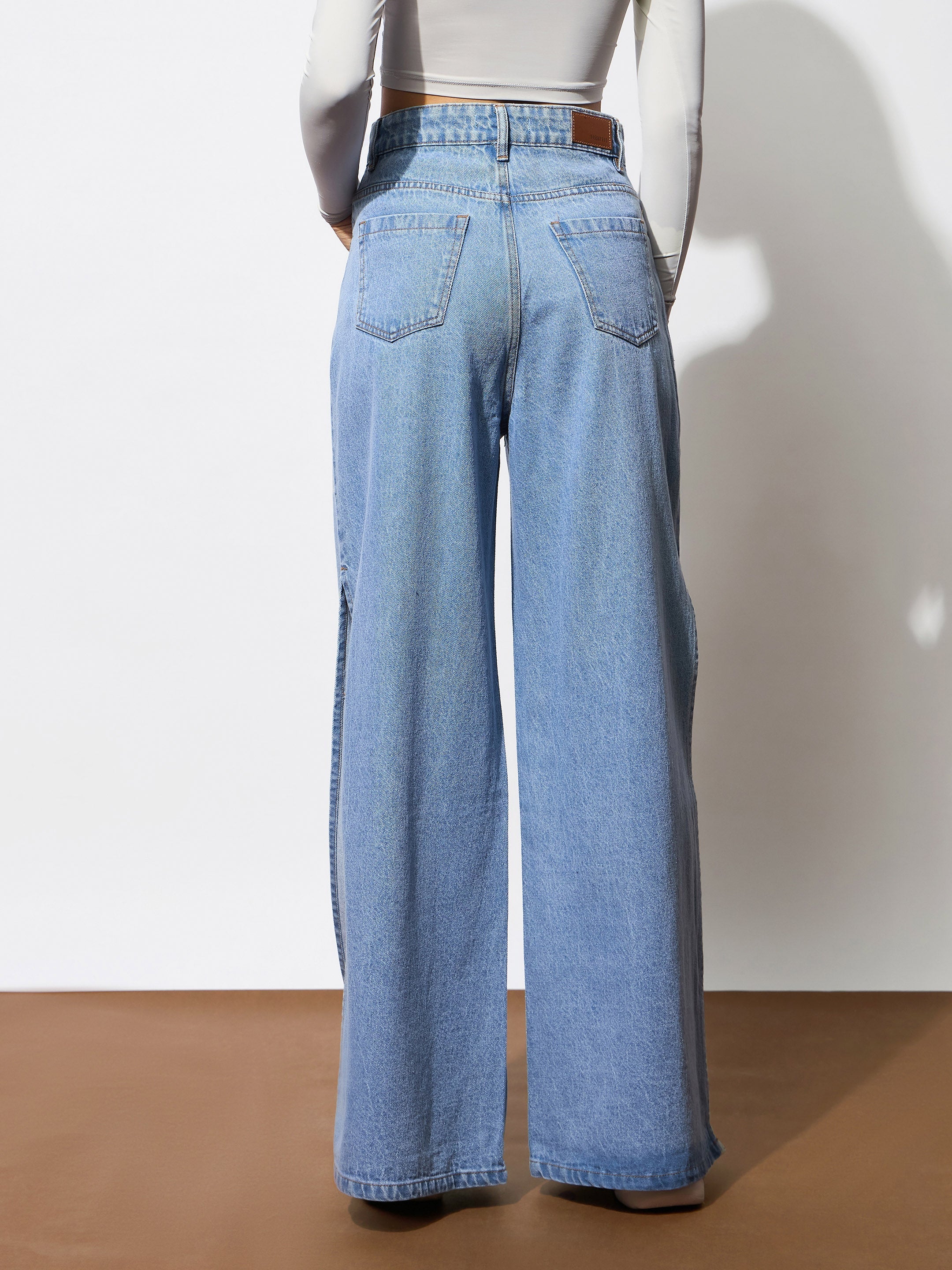 Women Blue Side Slit Wide Leg Jeans - Image 5