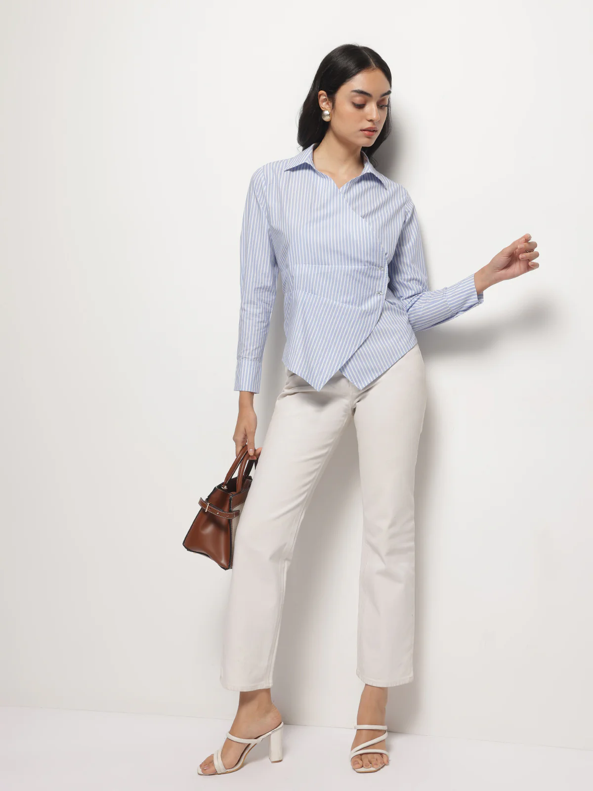 Women Blue Slimming Stripe Long Sleeves Wrap Shirt - Image 2