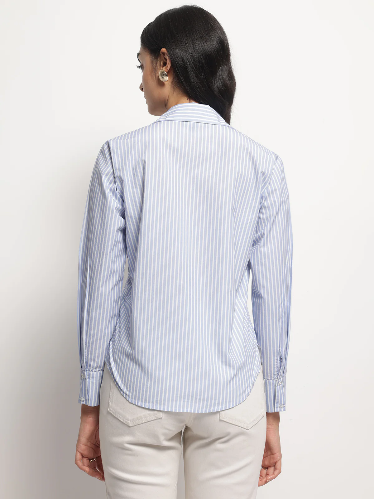 Women Blue Slimming Stripe Long Sleeves Wrap Shirt - Image 3