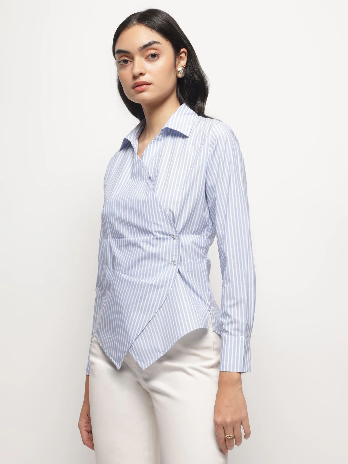 Women Blue Slimming Stripe Long Sleeves Wrap Shirt - Image 4