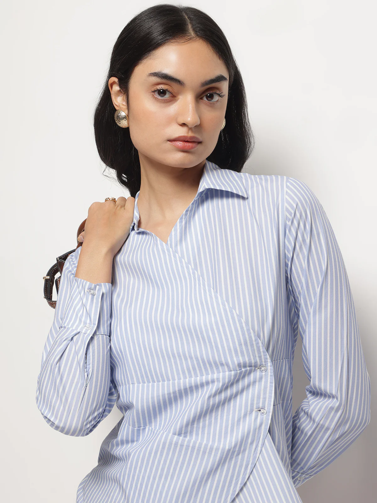 Women Blue Slimming Stripe Long Sleeves Wrap Shirt - Image 6