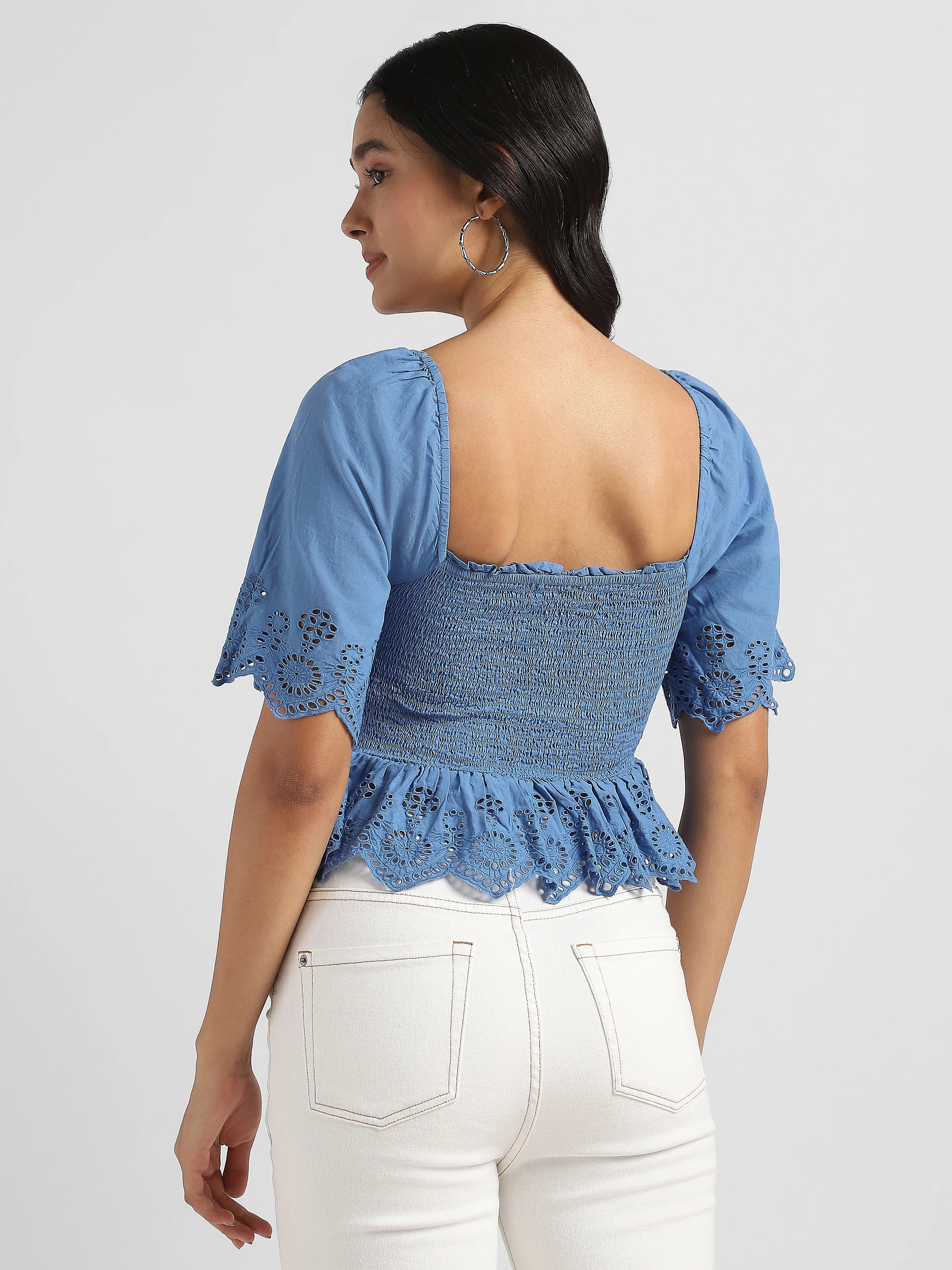Women Blue Smocked Shiffli Crop Top - Image 3