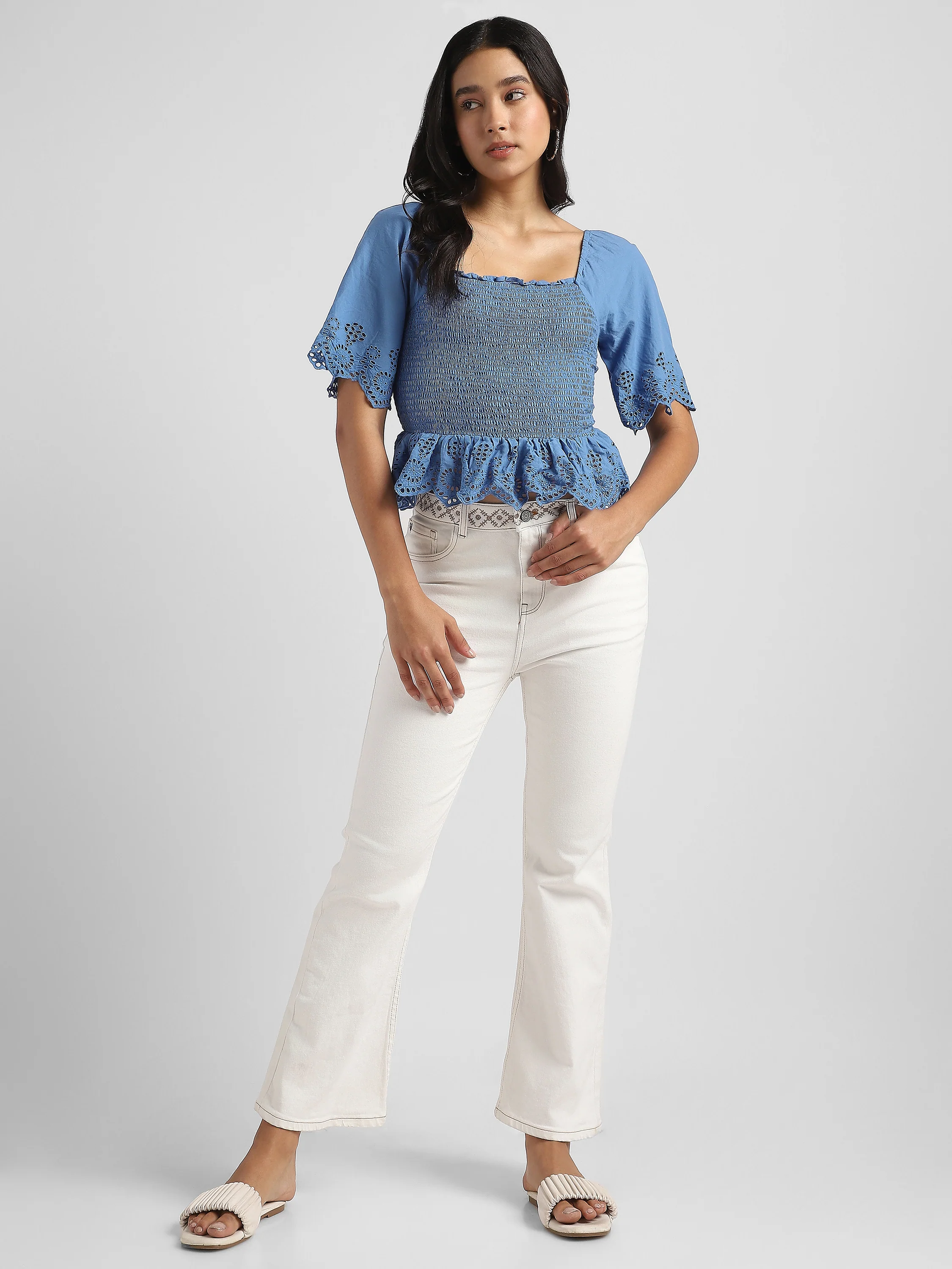 Women Blue Smocked Shiffli Crop Top - Image 4