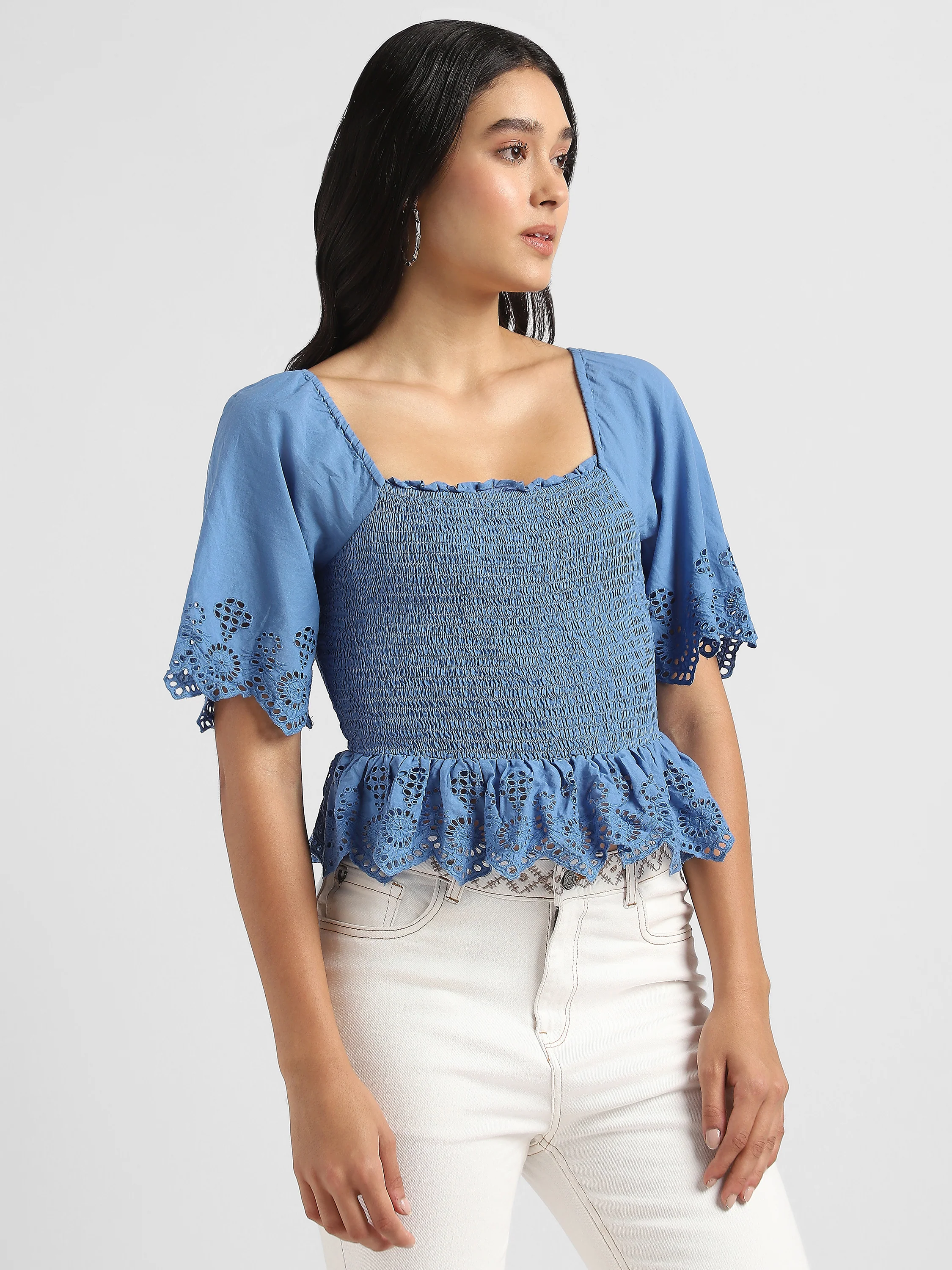 Women Blue Smocked Shiffli Crop Top - Image 5