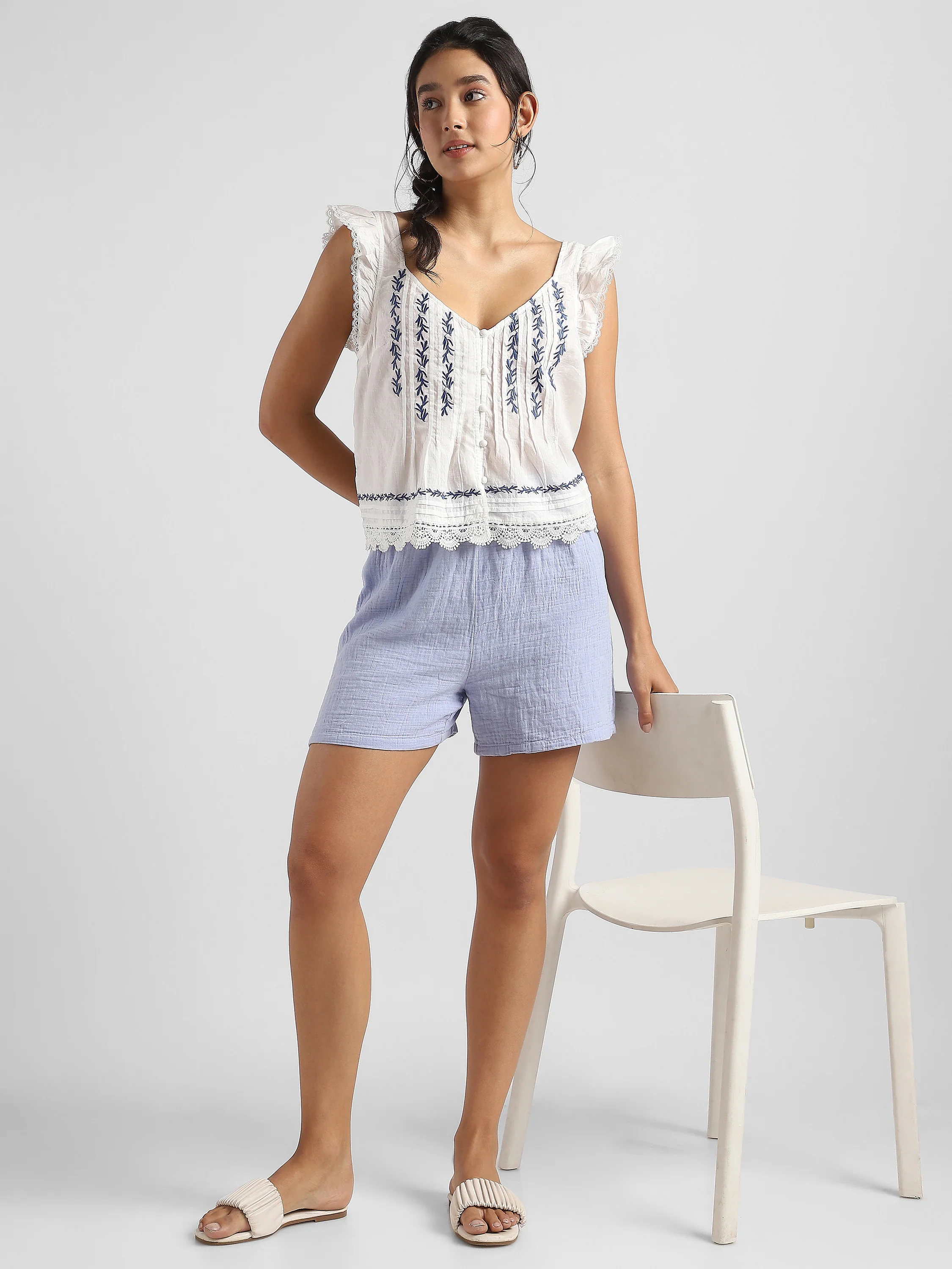 Women Blue Solid Double Cloth Shorts - Image 2