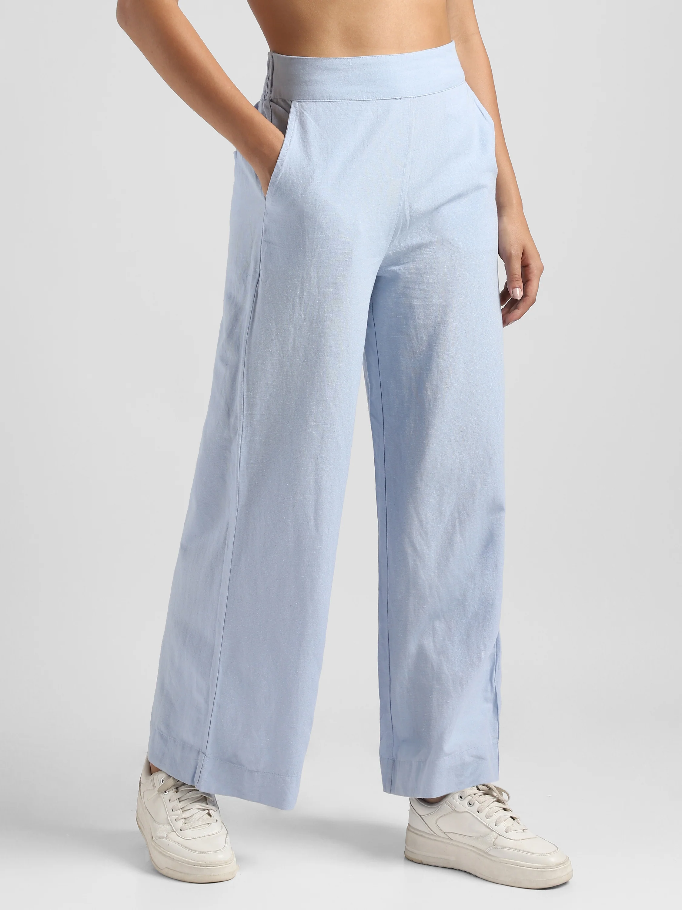 Women Blue Linen Blend Straight Pants - Image 2