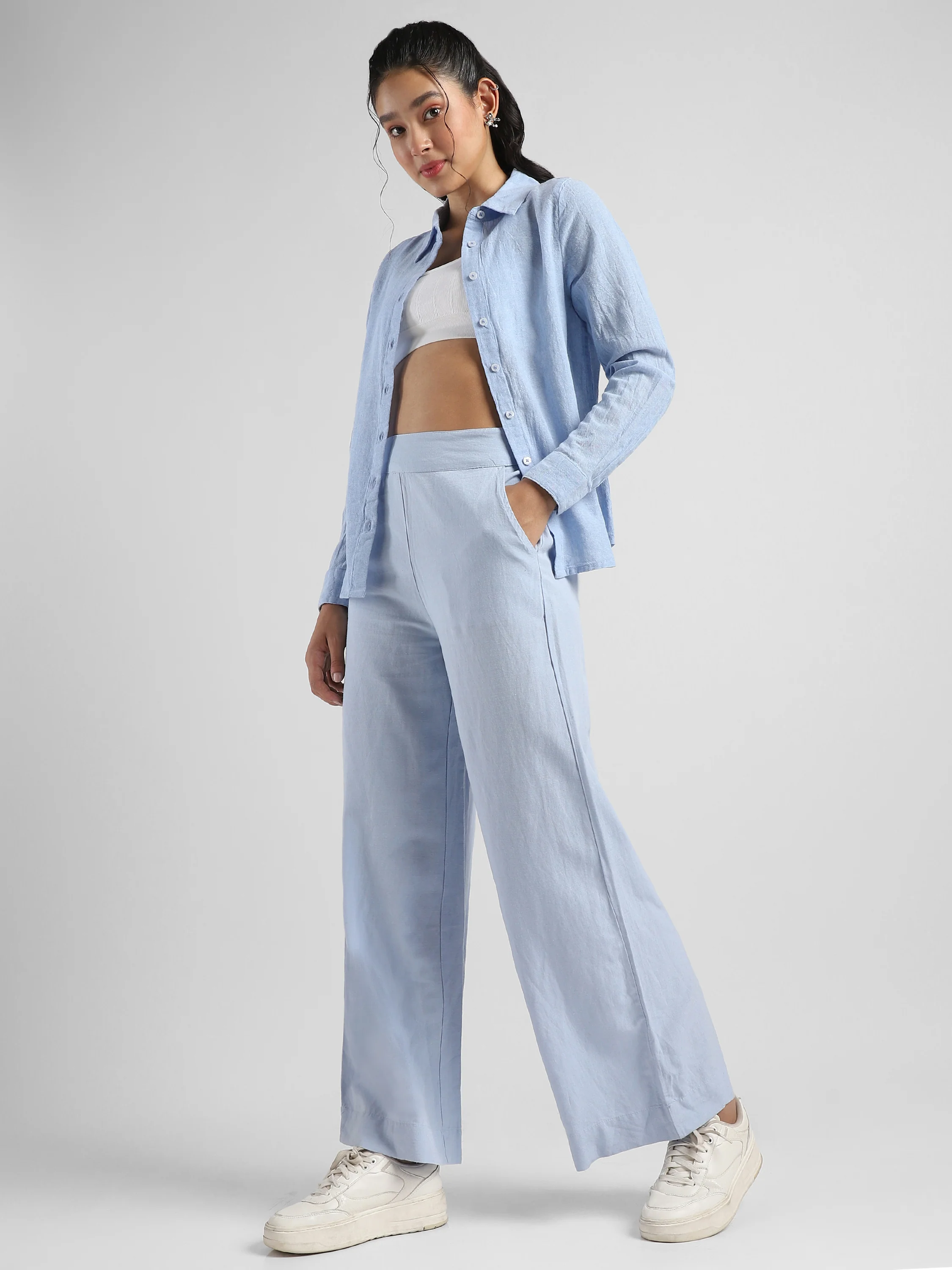Women Blue Linen Blend Straight Pants - Image 3