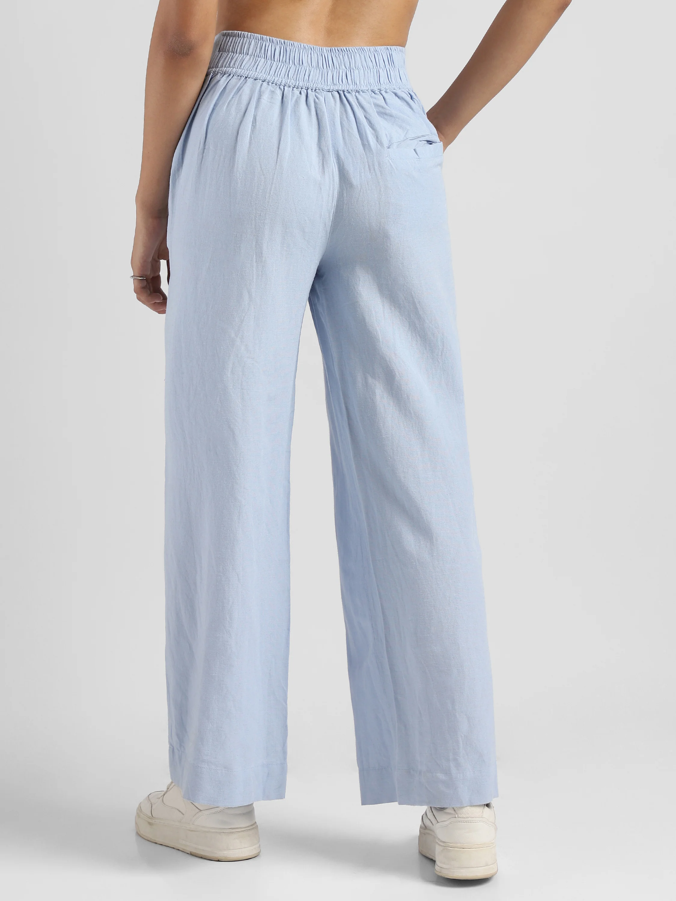 Women Blue Linen Blend Straight Pants - Image 4