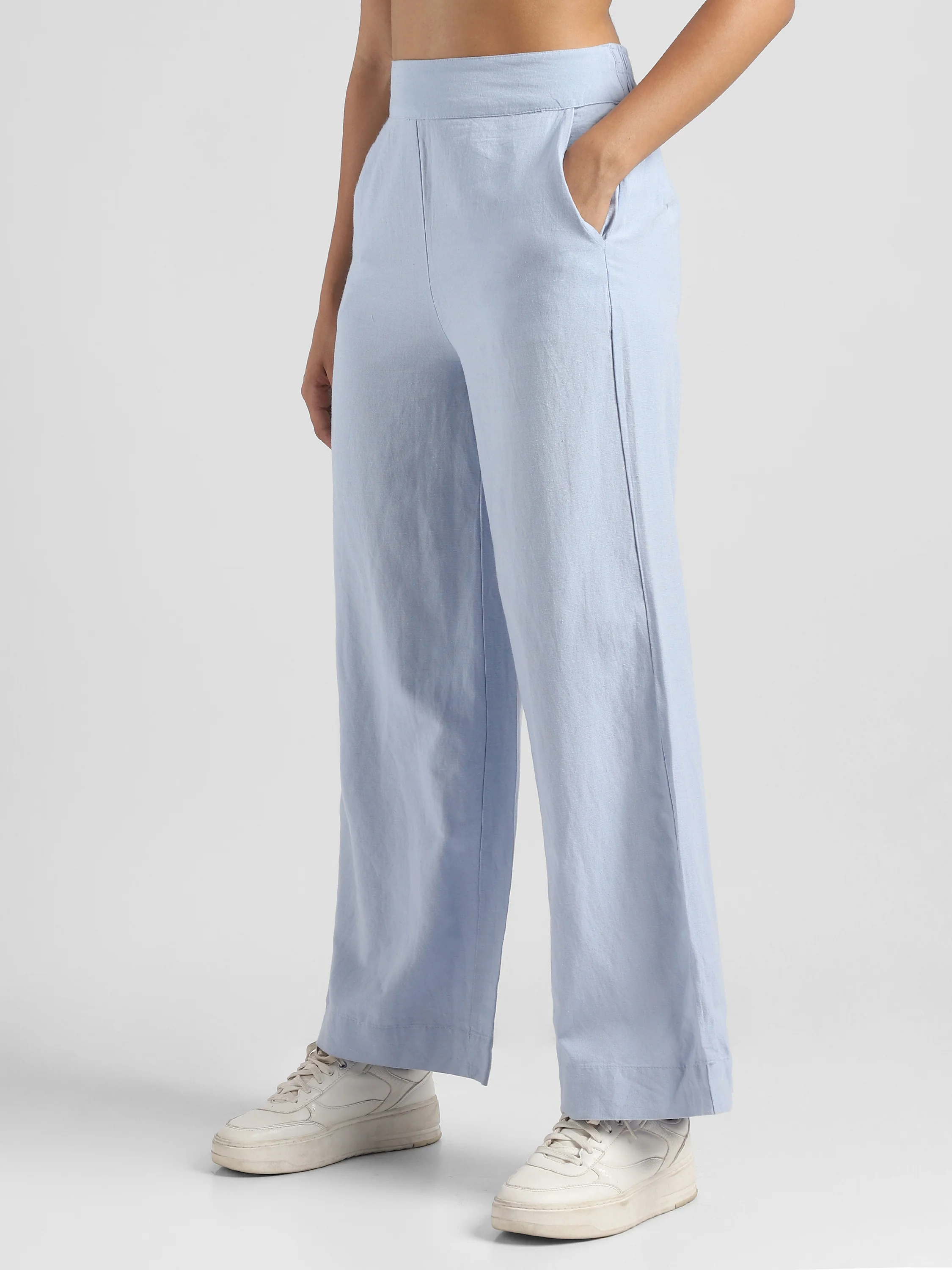 Women Blue Linen Blend Straight Pants - Image 5