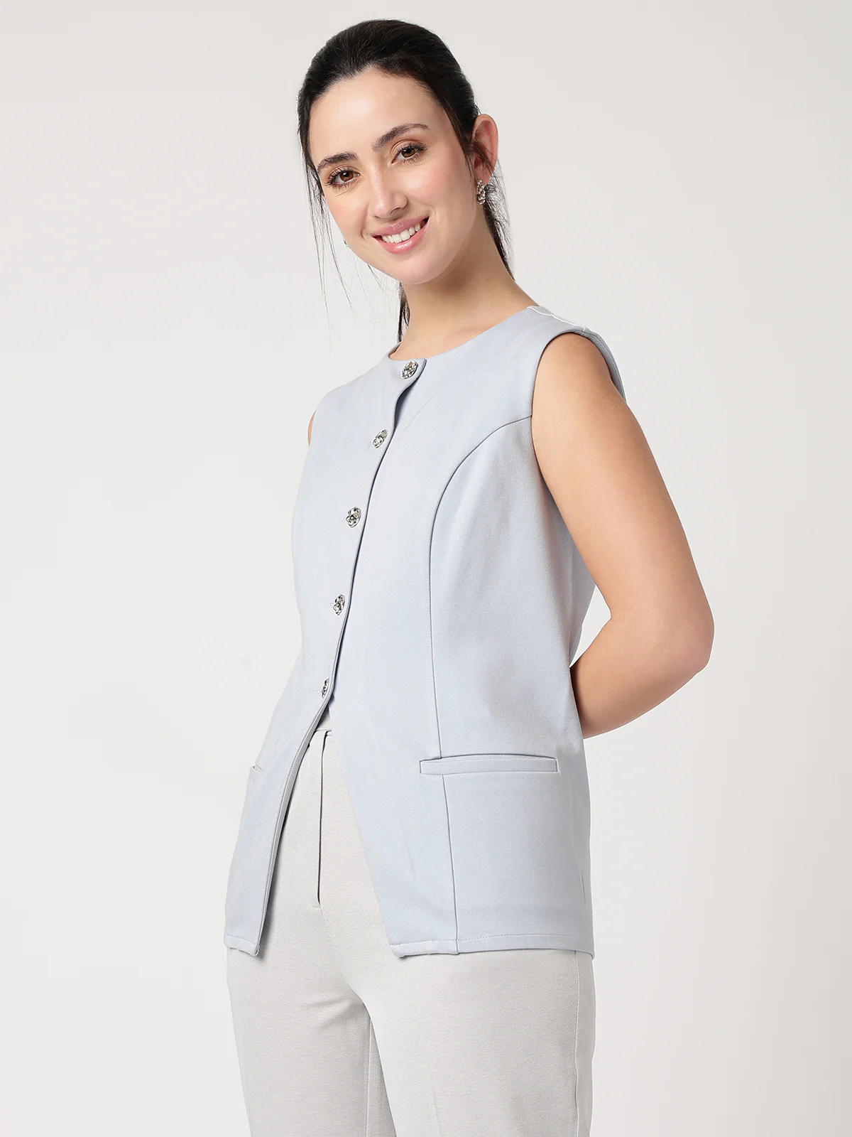Women Blue Solid Waistcoat - Image 4