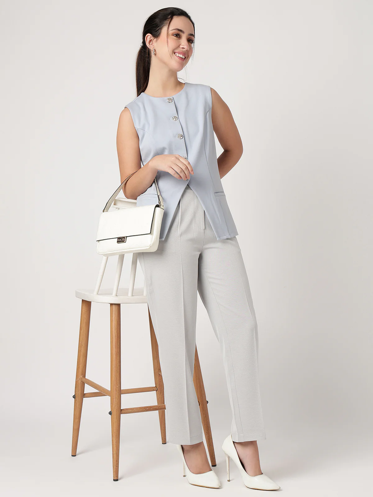 Women Blue Solid Waistcoat - Image 5