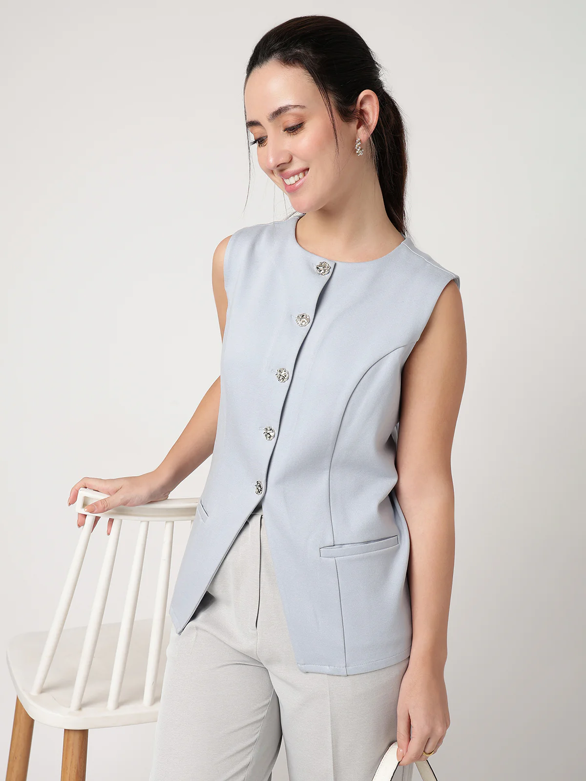 Women Blue Solid Waistcoat - Image 6