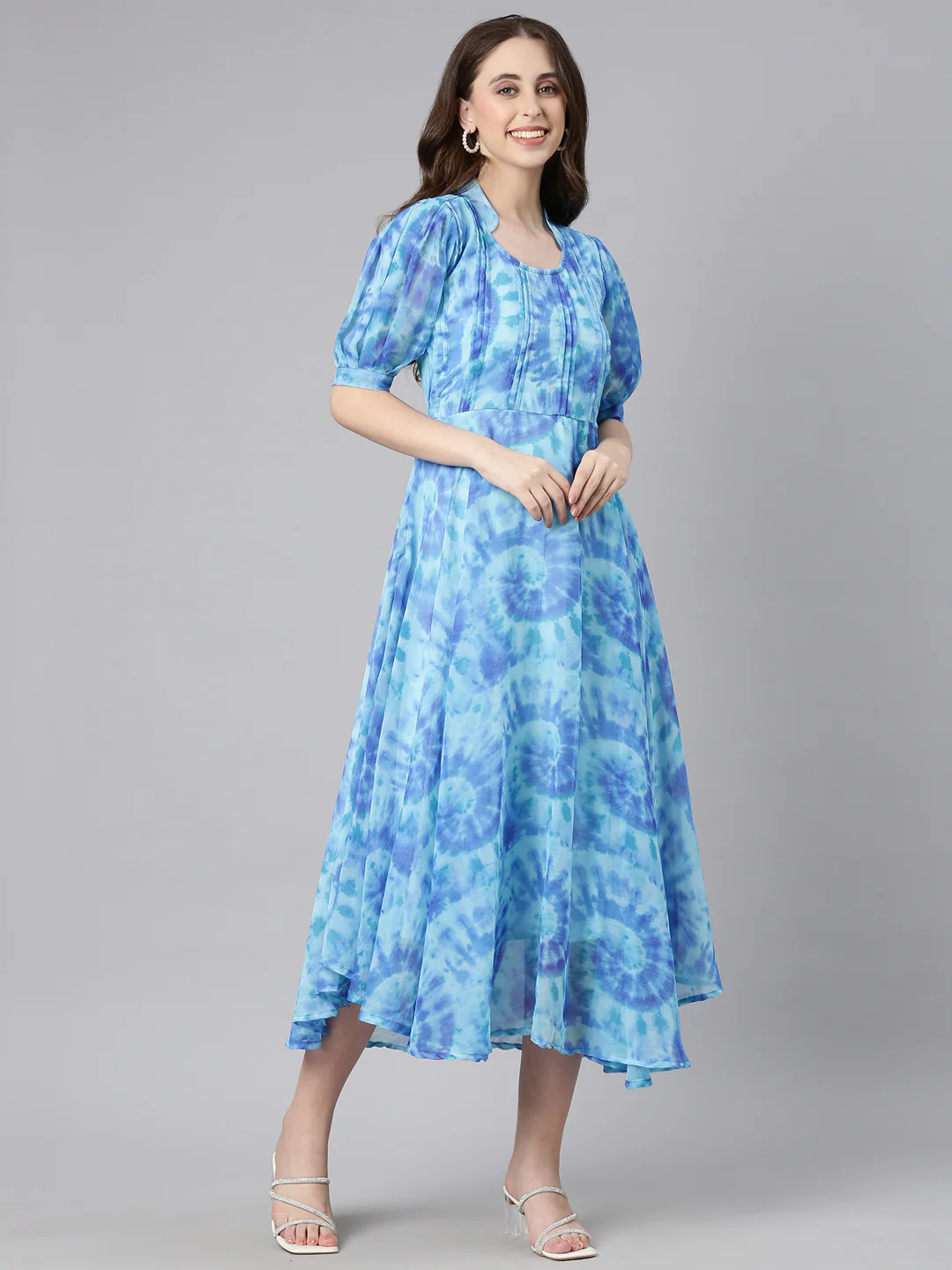 Women Blue Floral Chiffon Dress - Image 10