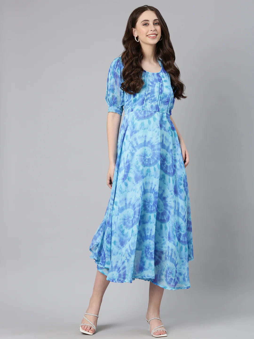 Women Blue Floral Chiffon Dress - Image 11