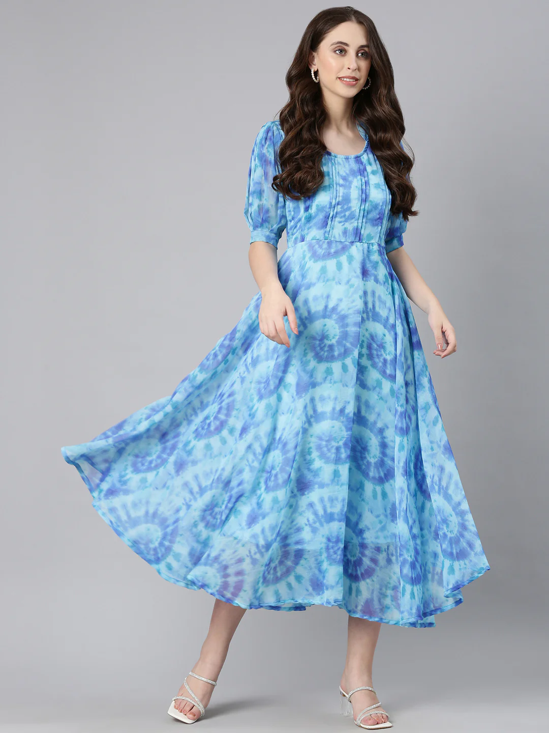 Women Blue Floral Chiffon Dress - Image 12
