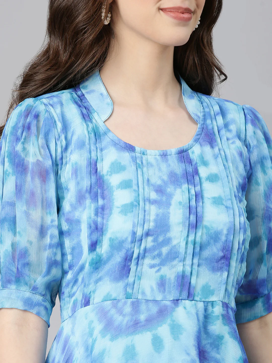 Women Blue Floral Chiffon Dress - Image 13