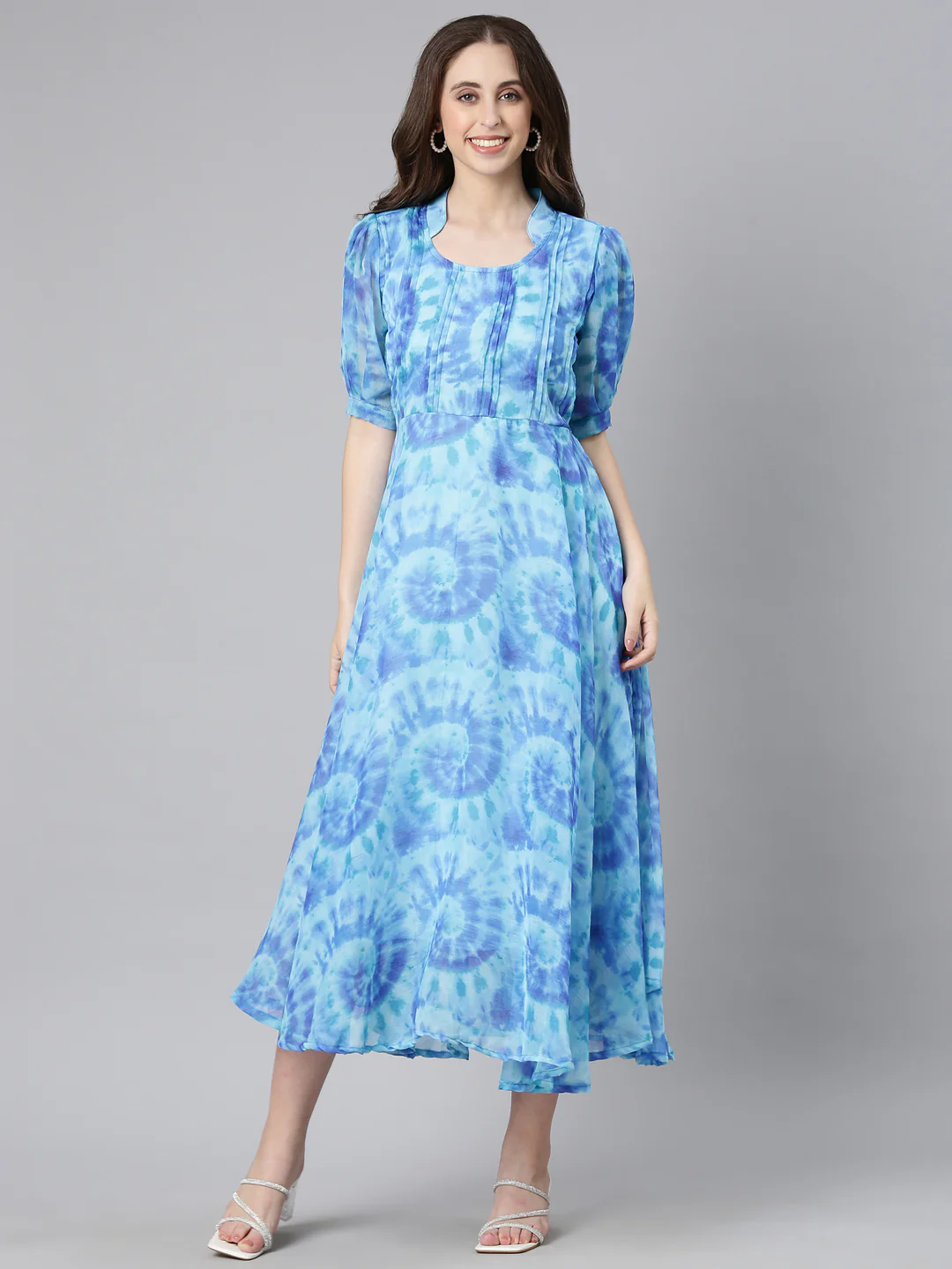 Women Blue Floral Chiffon Dress - Image 3