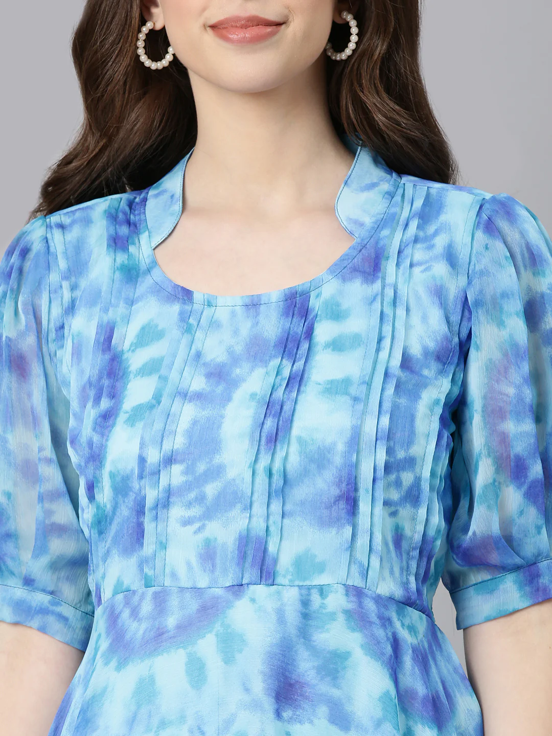 Women Blue Floral Chiffon Dress - Image 4