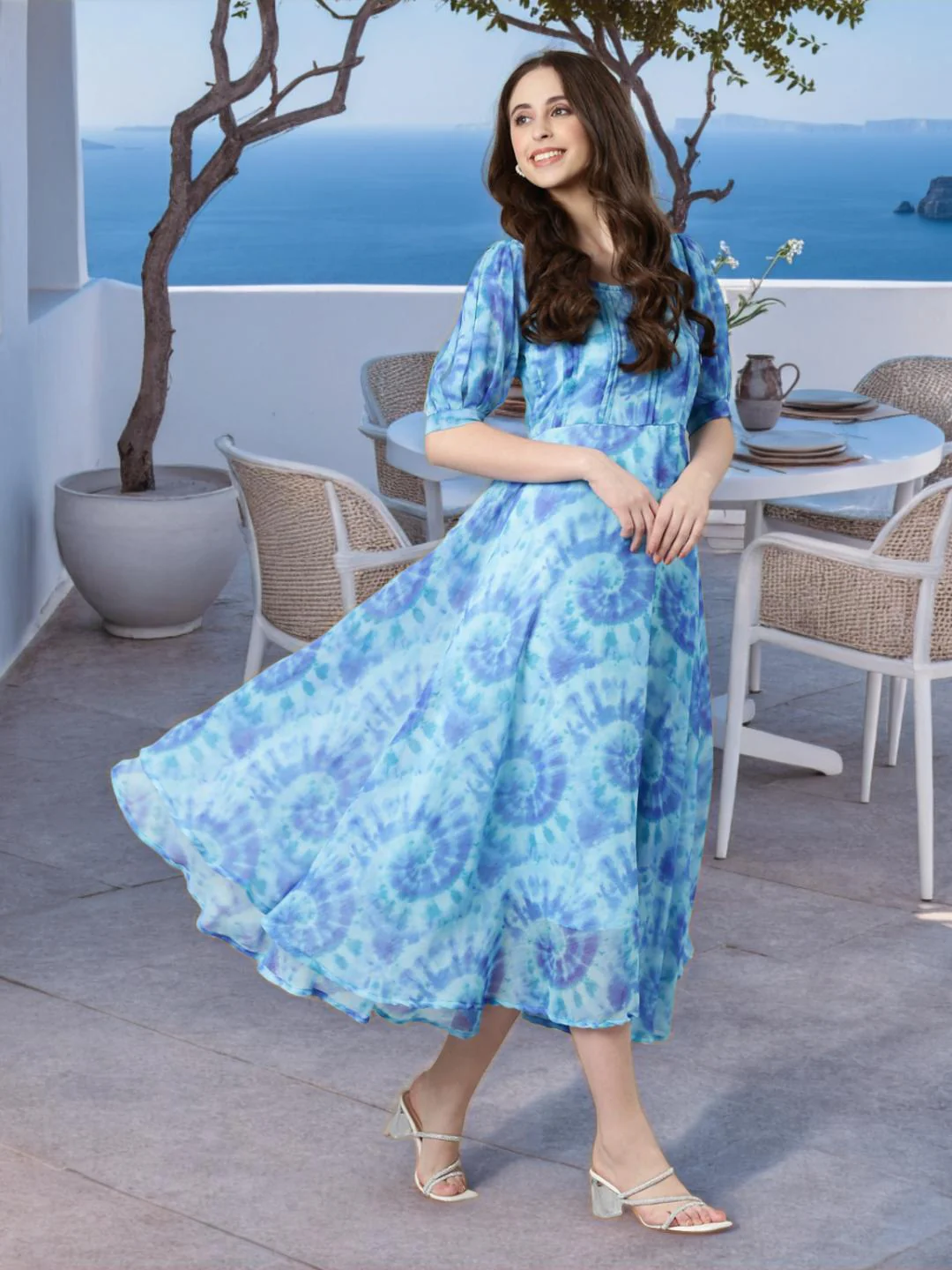 Women Blue Floral Chiffon Dress - Image 5