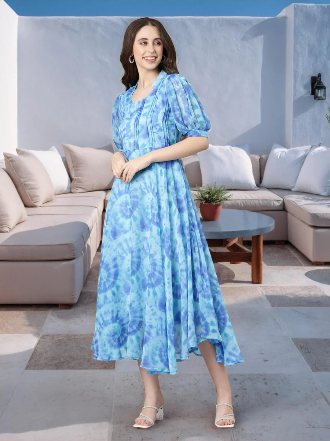 Women Blue Floral Chiffon Dress - Image 6