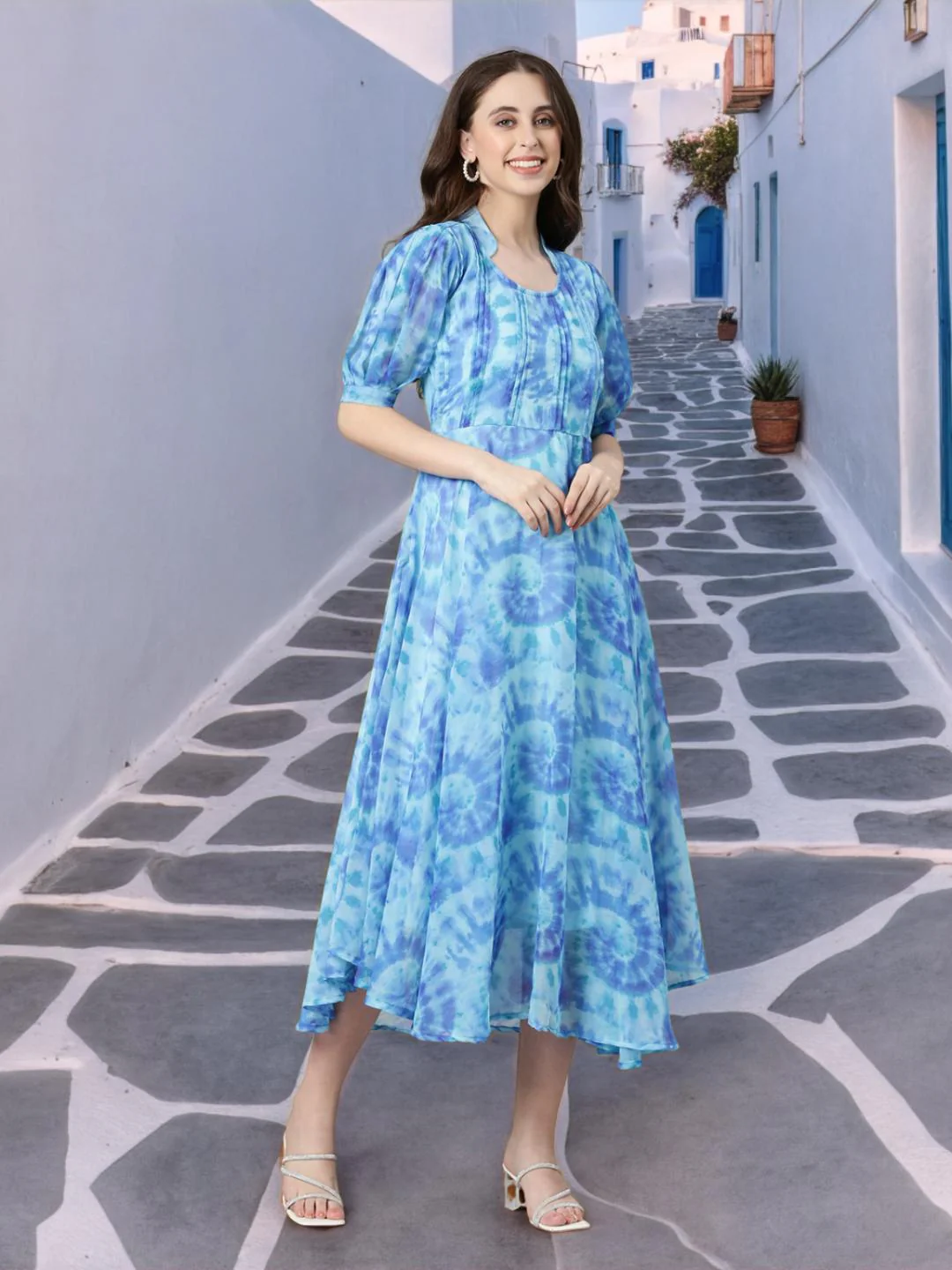 Women Blue Floral Chiffon Dress - Image 7