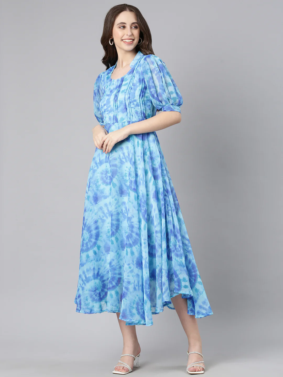 Women Blue Floral Chiffon Dress - Image 9