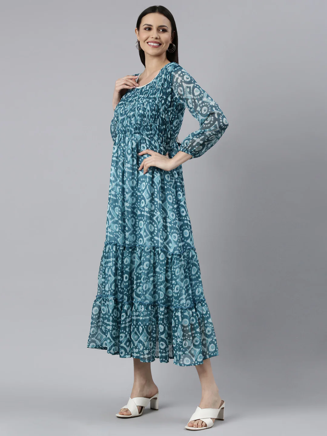 Women Blue Floral Chiffon Dress - Image 11