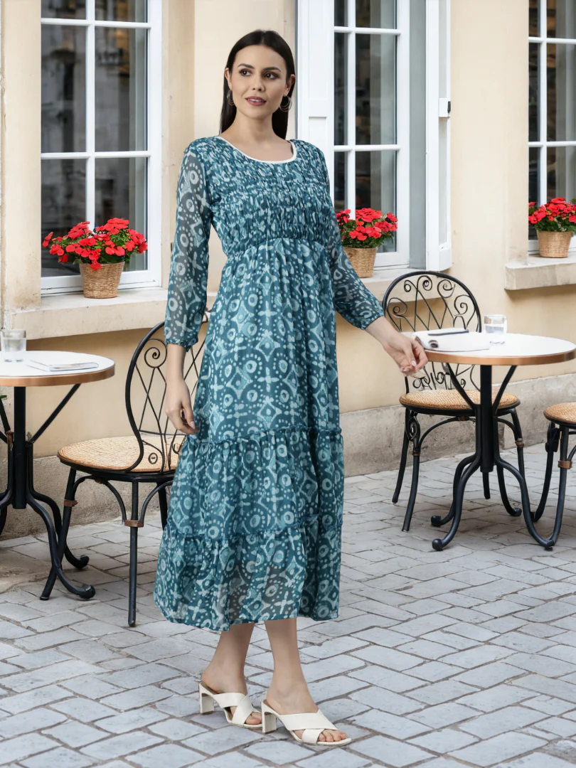 Women Blue Floral Chiffon Dress - Image 6