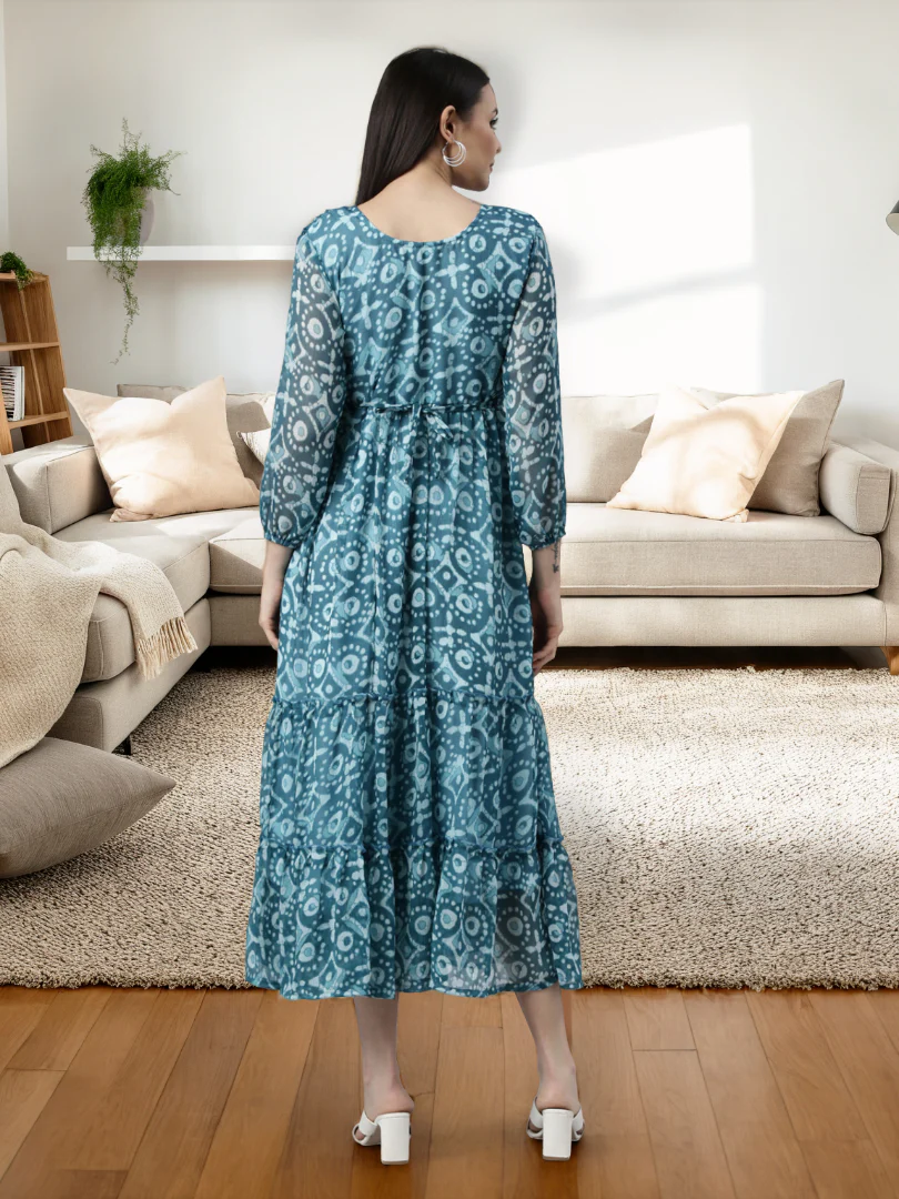 Women Blue Floral Chiffon Dress - Image 7