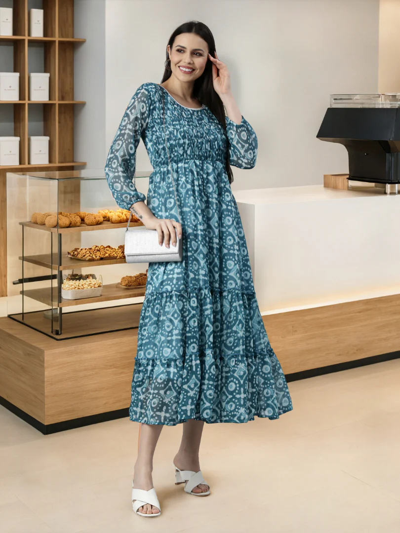 Women Blue Floral Chiffon Dress - Image 8