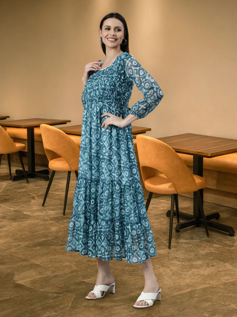 Women Blue Floral Chiffon Dress - Image 9