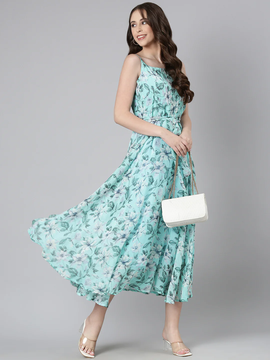 Women Blue Floral Chiffon Dress - Image 2