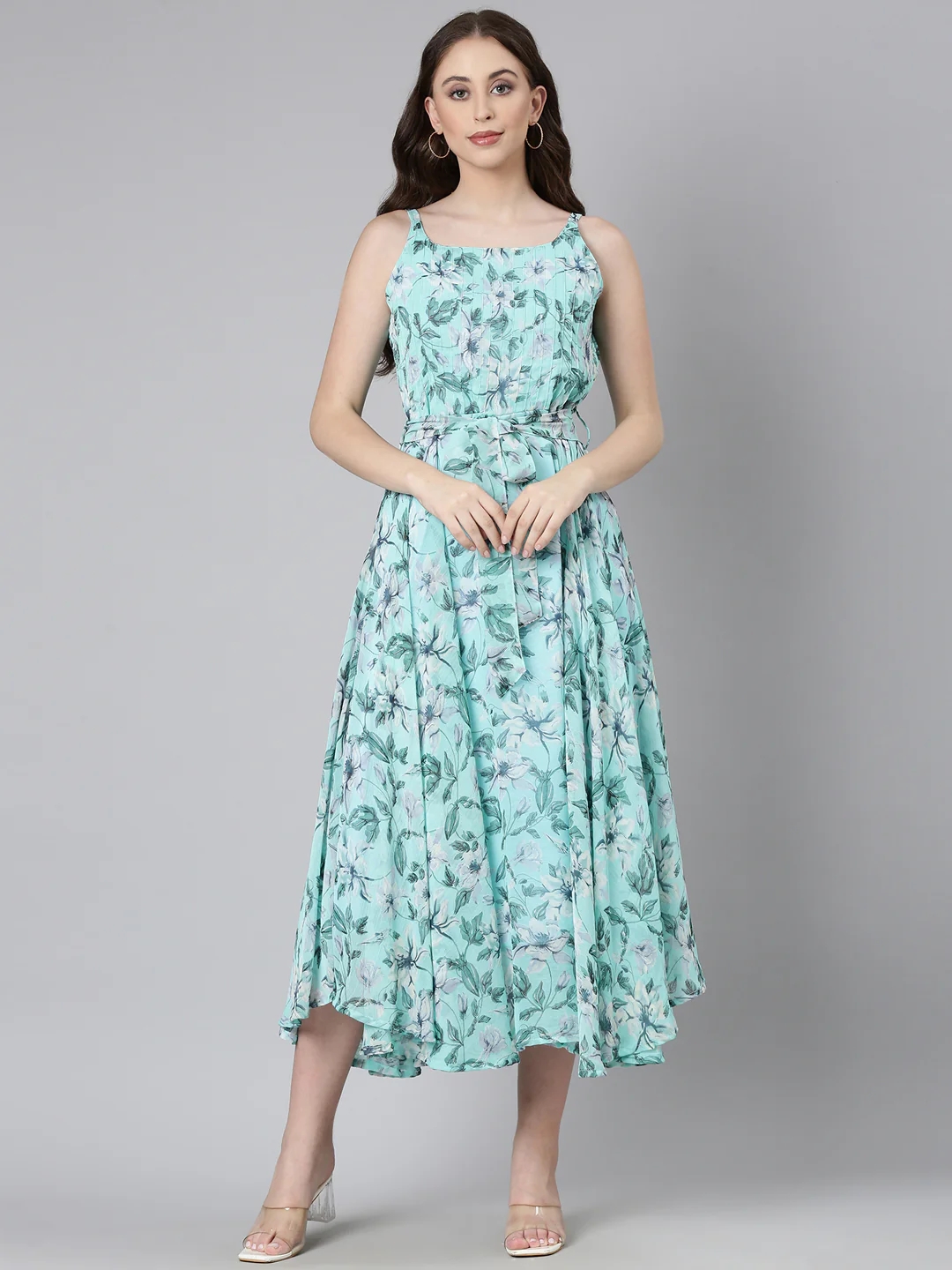 Women Blue Floral Chiffon Dress - Image 3