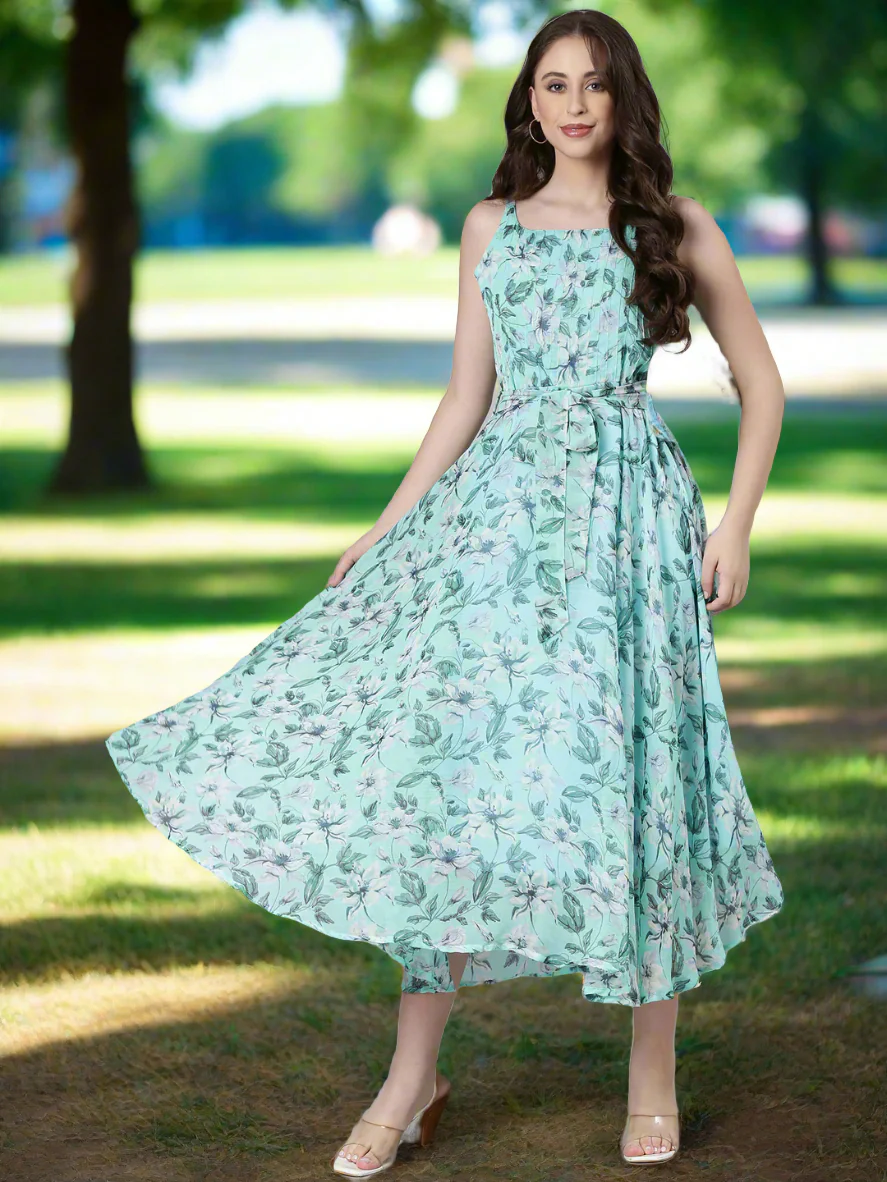 Women Blue Floral Chiffon Dress - Image 6