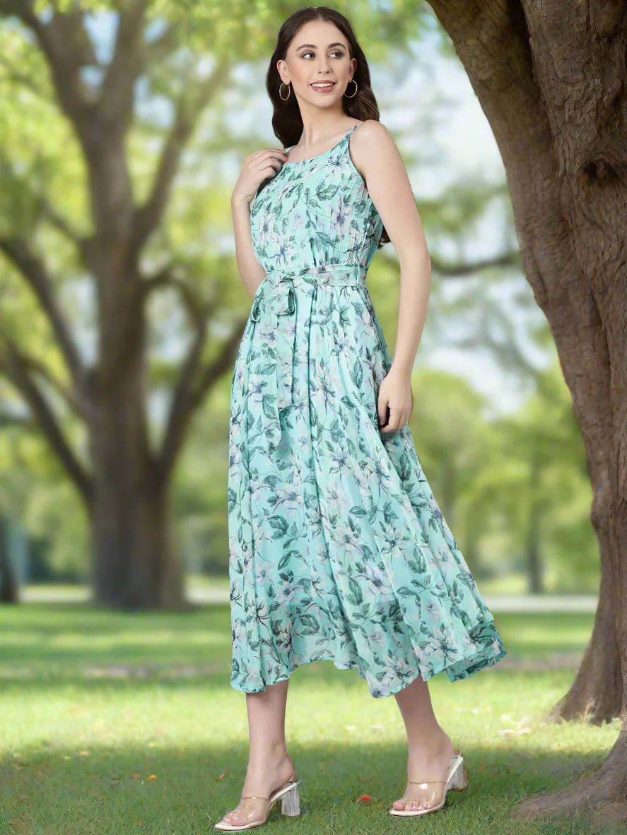 Women Blue Floral Chiffon Dress - Image 7
