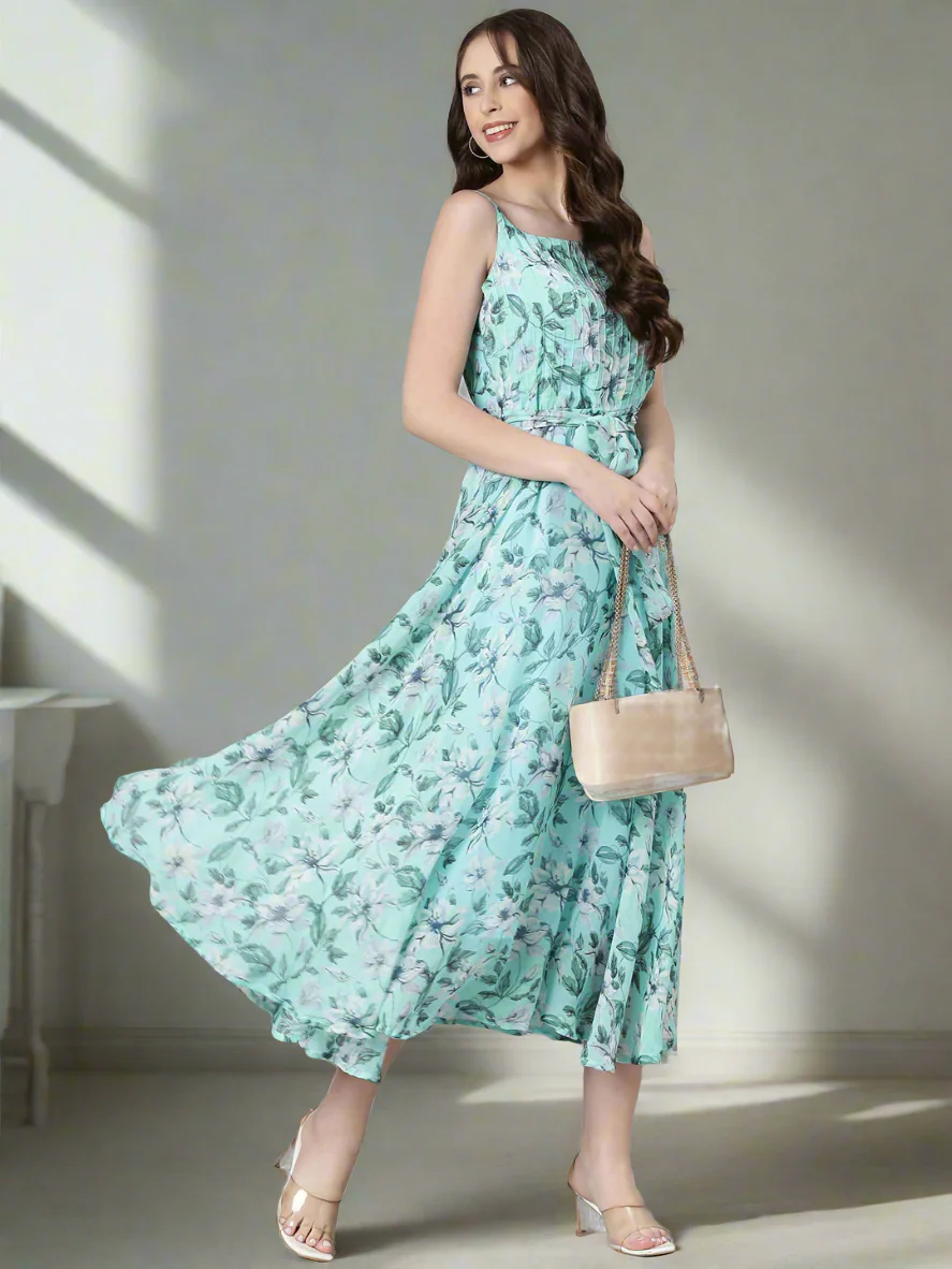 Women Blue Floral Chiffon Dress - Image 8
